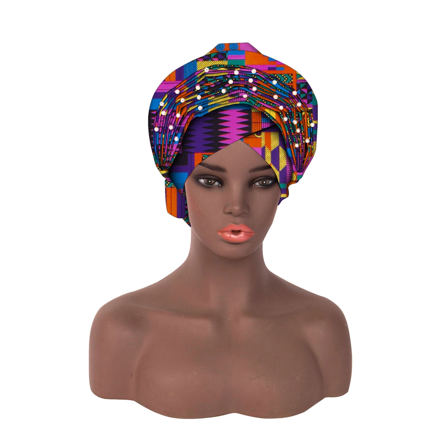 Artisanal African Print Pearl Accent Wrapping Turban