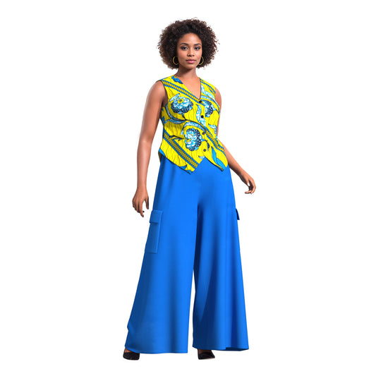 Ankara Print V-Neck Vest and Cargo Pocket Wide Leg Pants Set