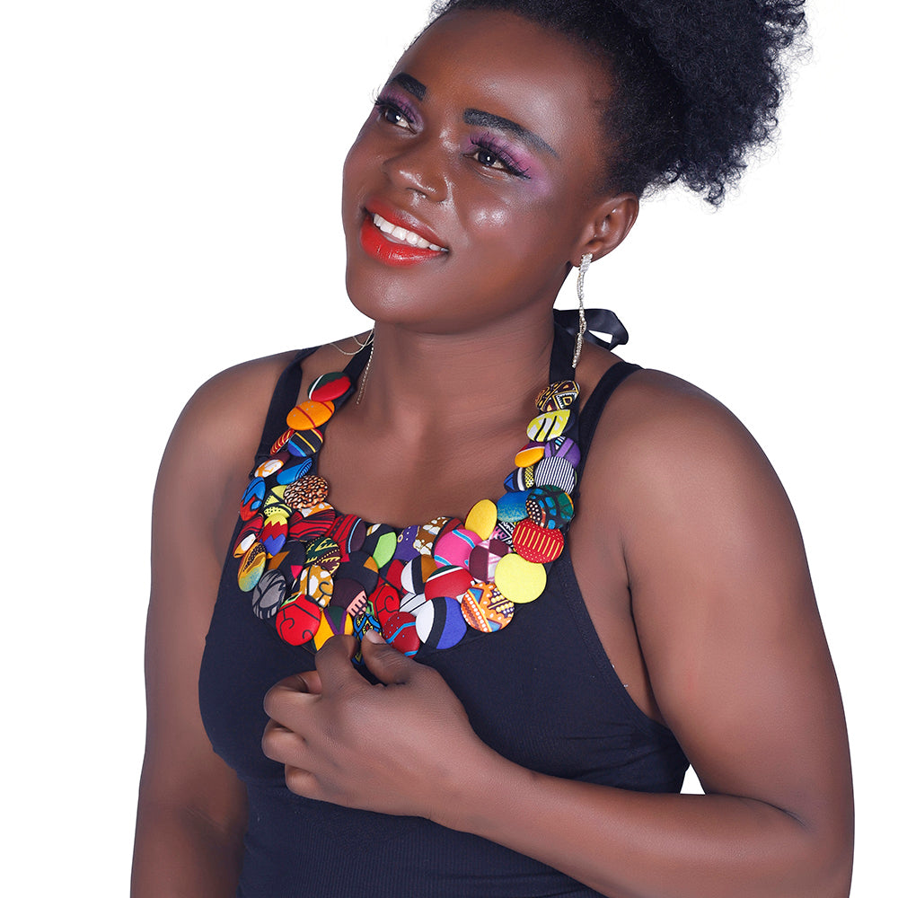Handcrafted African Wax Print Button Cluster Necklace