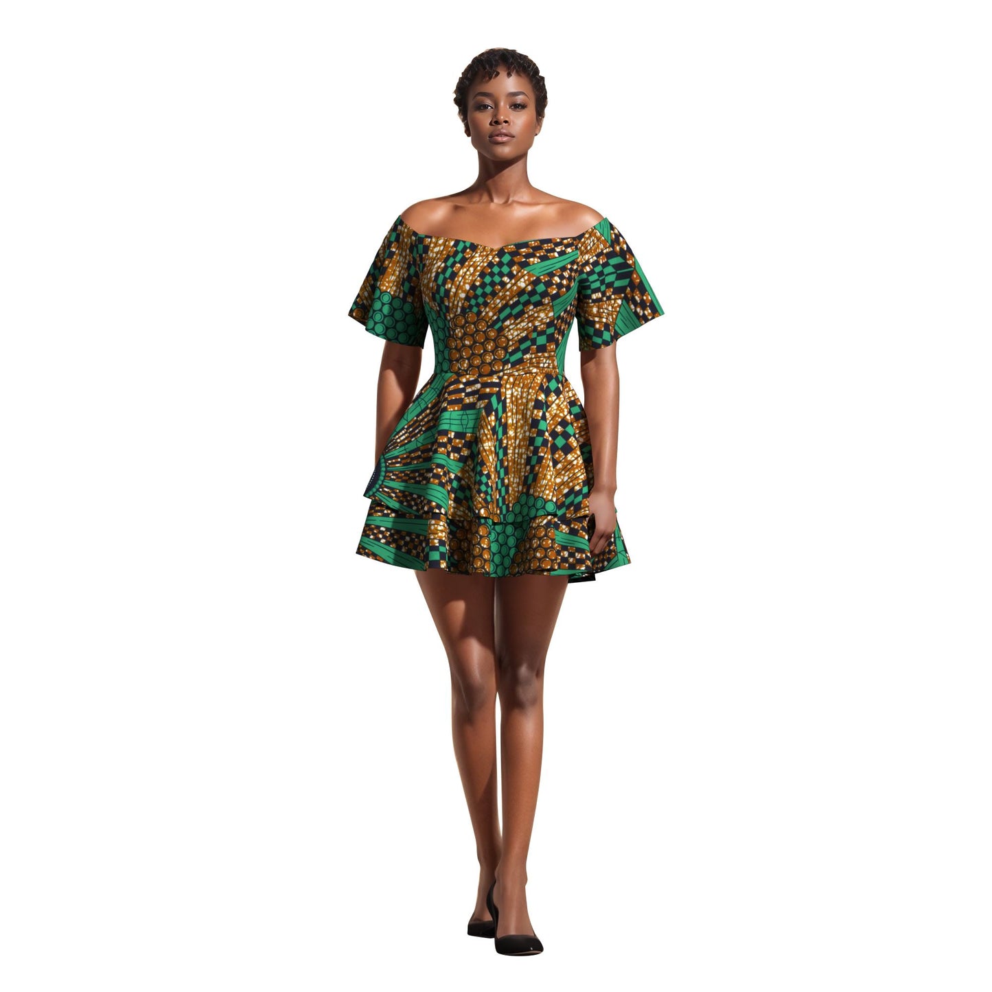 African Print Flowy Off-Shoulder Tiered Mini Dress for Women