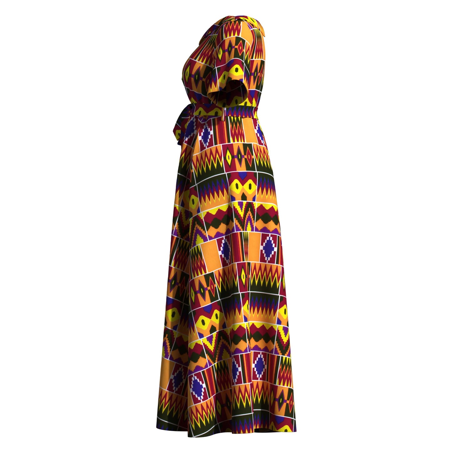 nkara Print Asymmetric Collar Short Sleeve Waist Tie Long Dress