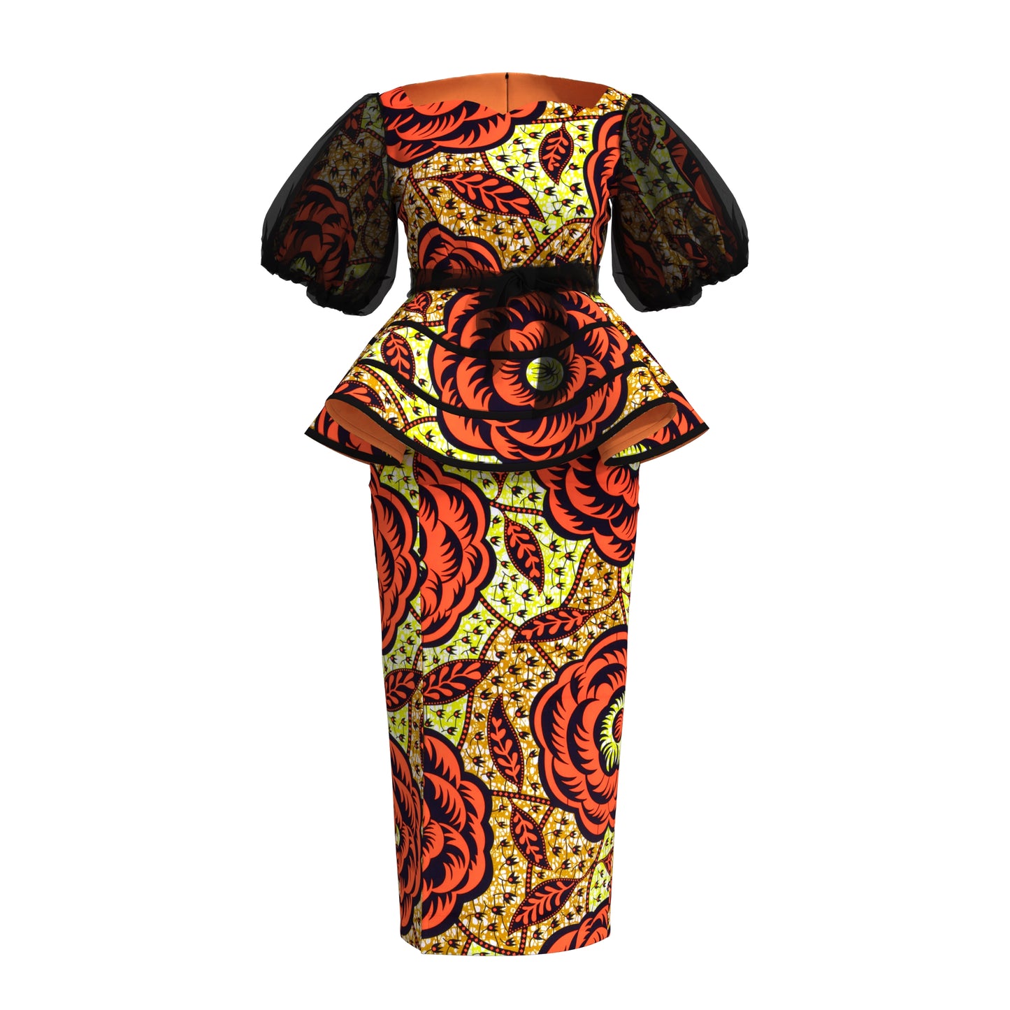 African Print Organza Sleeve Peplum Top & Midi Skirt Set