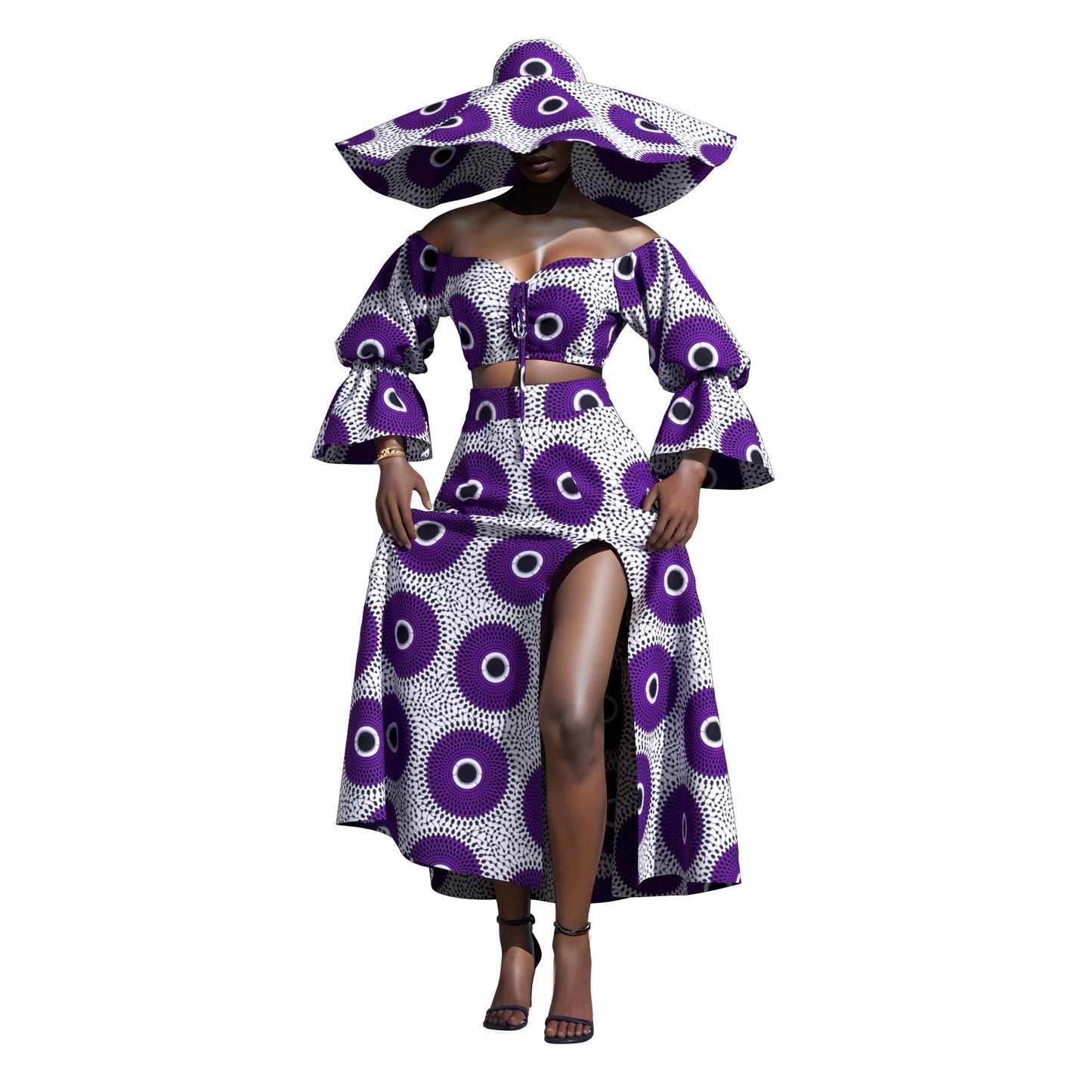 Vibrant African Wax Print Off-Shoulder Skirt Set with Wide Brim Hat – Afrocentric Circular Print Outfit