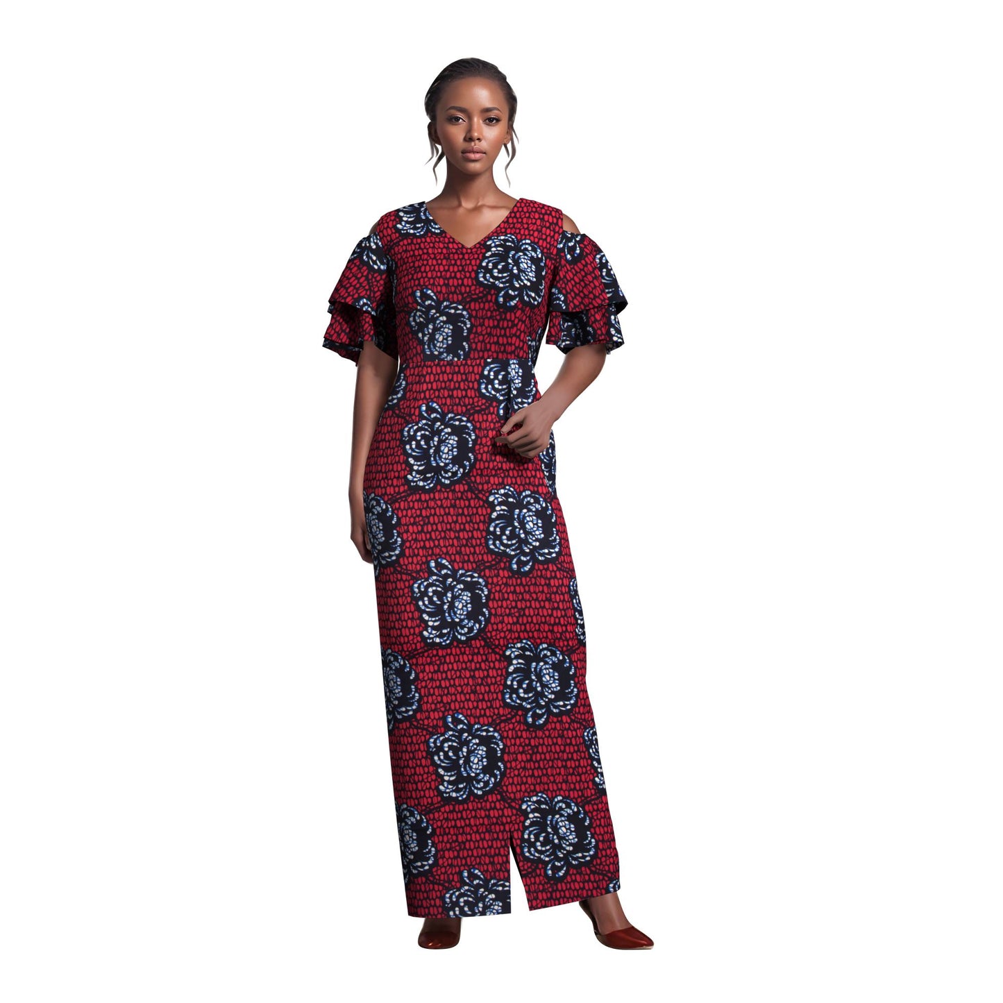 African Print Cold Shoulder Maxi Dress with Ruffle Sleeves