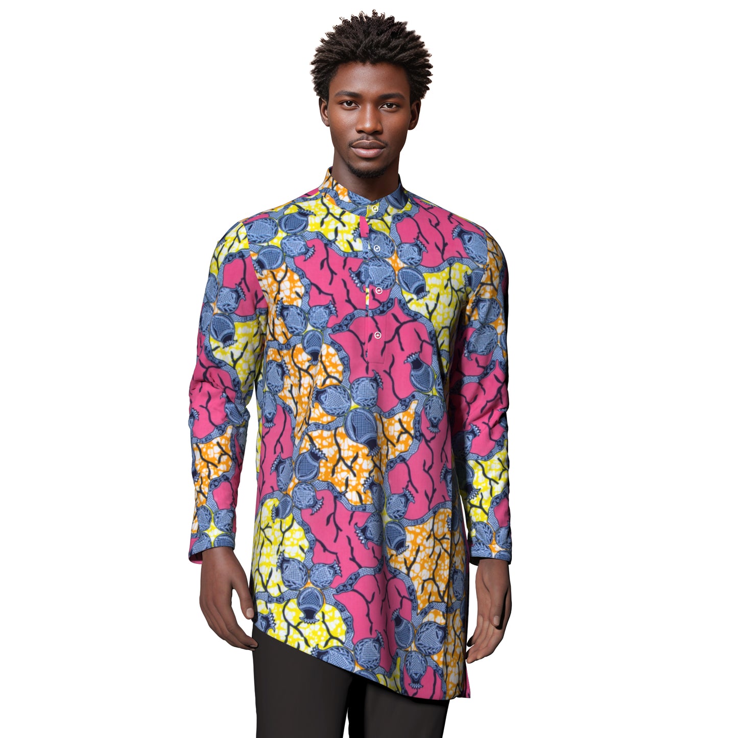 Ankara Print Men’s Mandarin Collar Asymmetric Hem Shirt