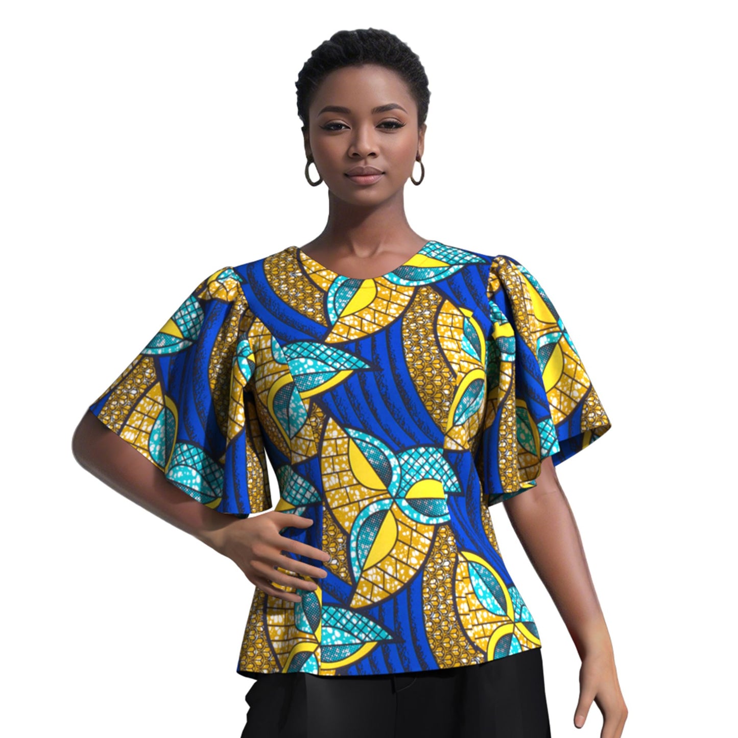 African Print Fitted Waist Flounce Sleeve Top