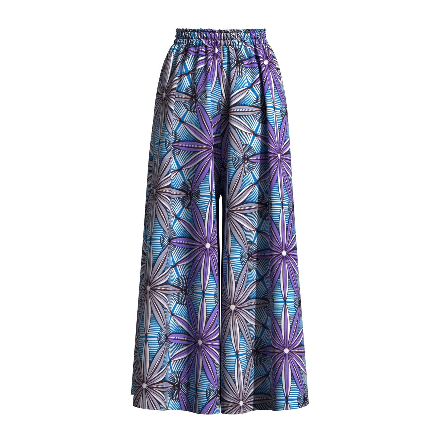 African Print Flowy Palazzo Pants, High Waist Elastic Waist Wide Leg Trousers