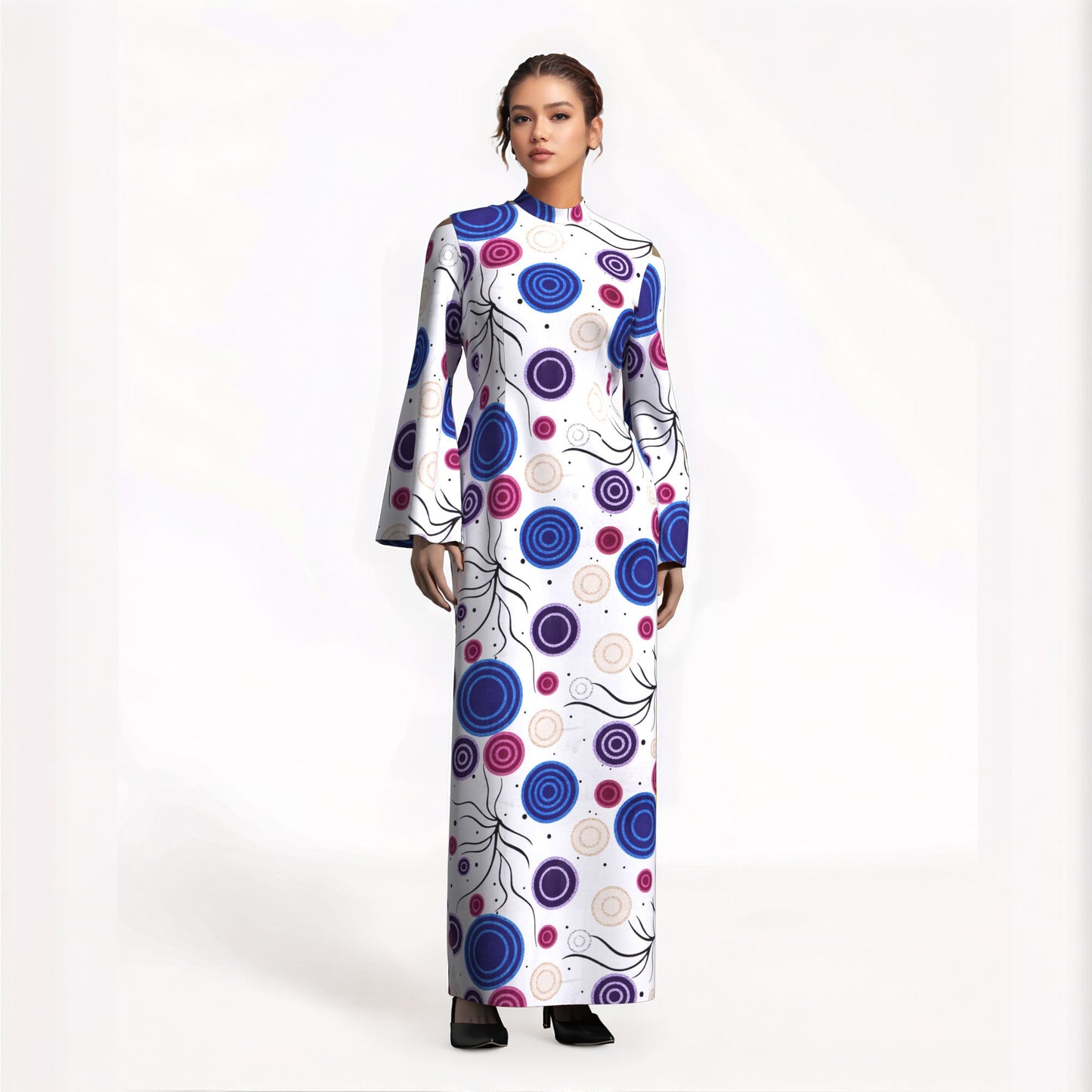 Ladies Kente Geometric Wax Print Long Dress High Neck Bell Sleeve Slim African Party Gown