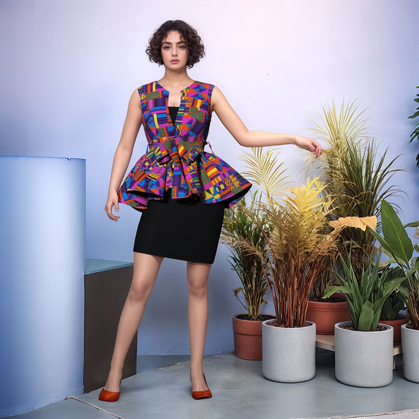 Elegant Afrocentric Print Peplum Top with Matching Belt