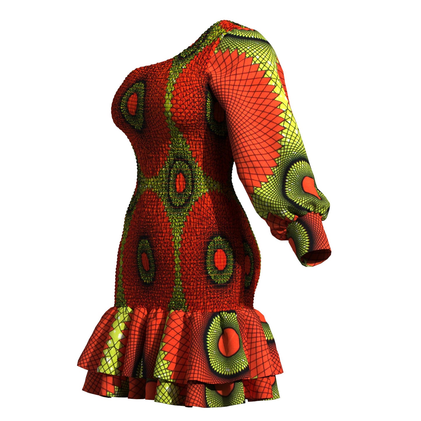 Ankara One-Shoulder Smocked Ruffle Hem Dress