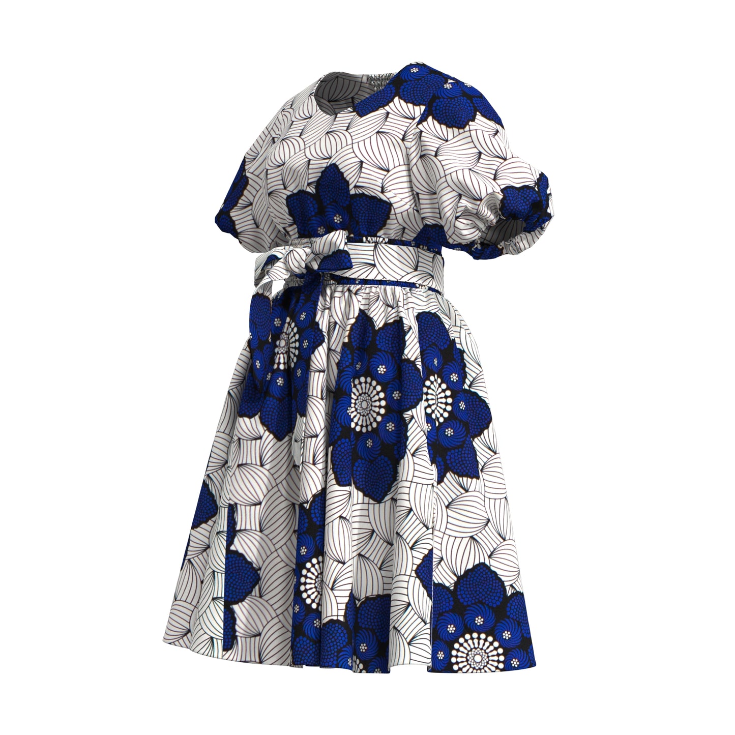 African Print Smocked Waist A-Line Midi Dress with Belt