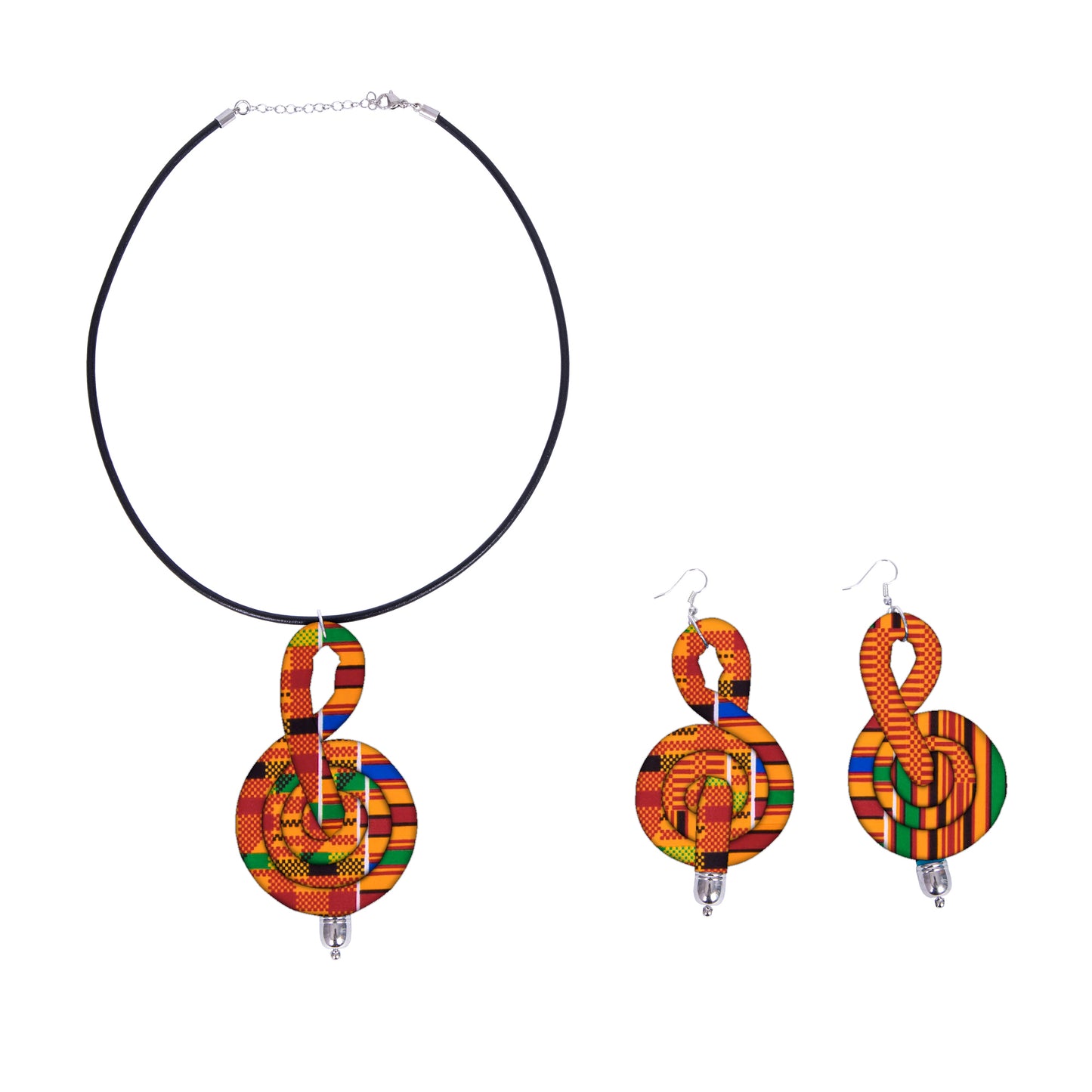 Ladies Kente Geometric Fabric Treble Clef Jewelry Set African Coordinated Neck & Ear Outfit Accessories