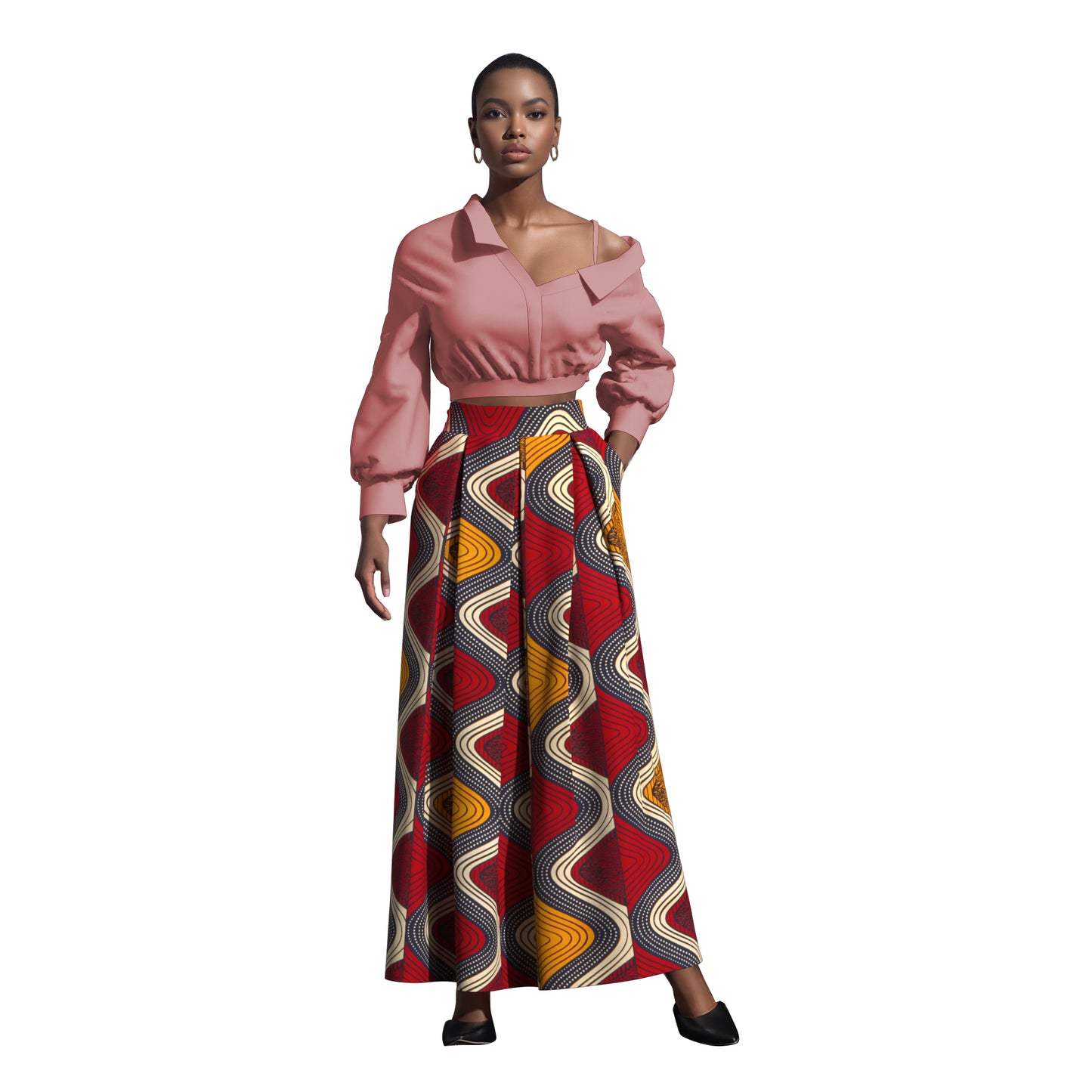 Women's African Print Maxi Skirt High Waist Pleated A-Line Skirt KG1213