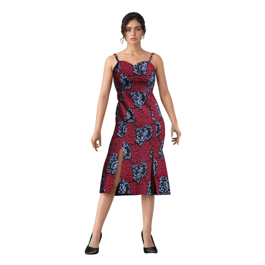 Ankara Print Sweetheart Neck Bodycon Midi Dress with Slit