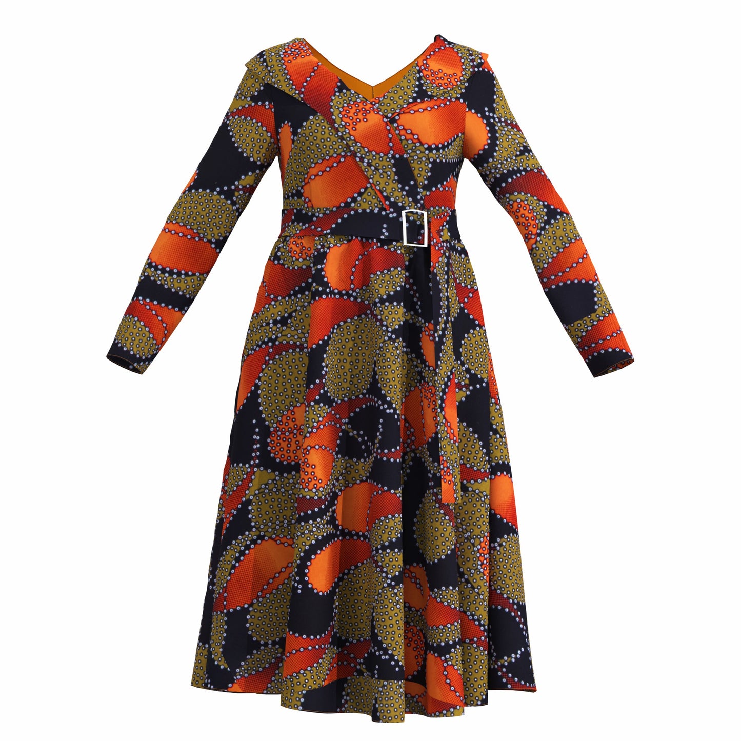 V-Neck Long Sleeve African Print Midi Dress with Tie Waist Belt