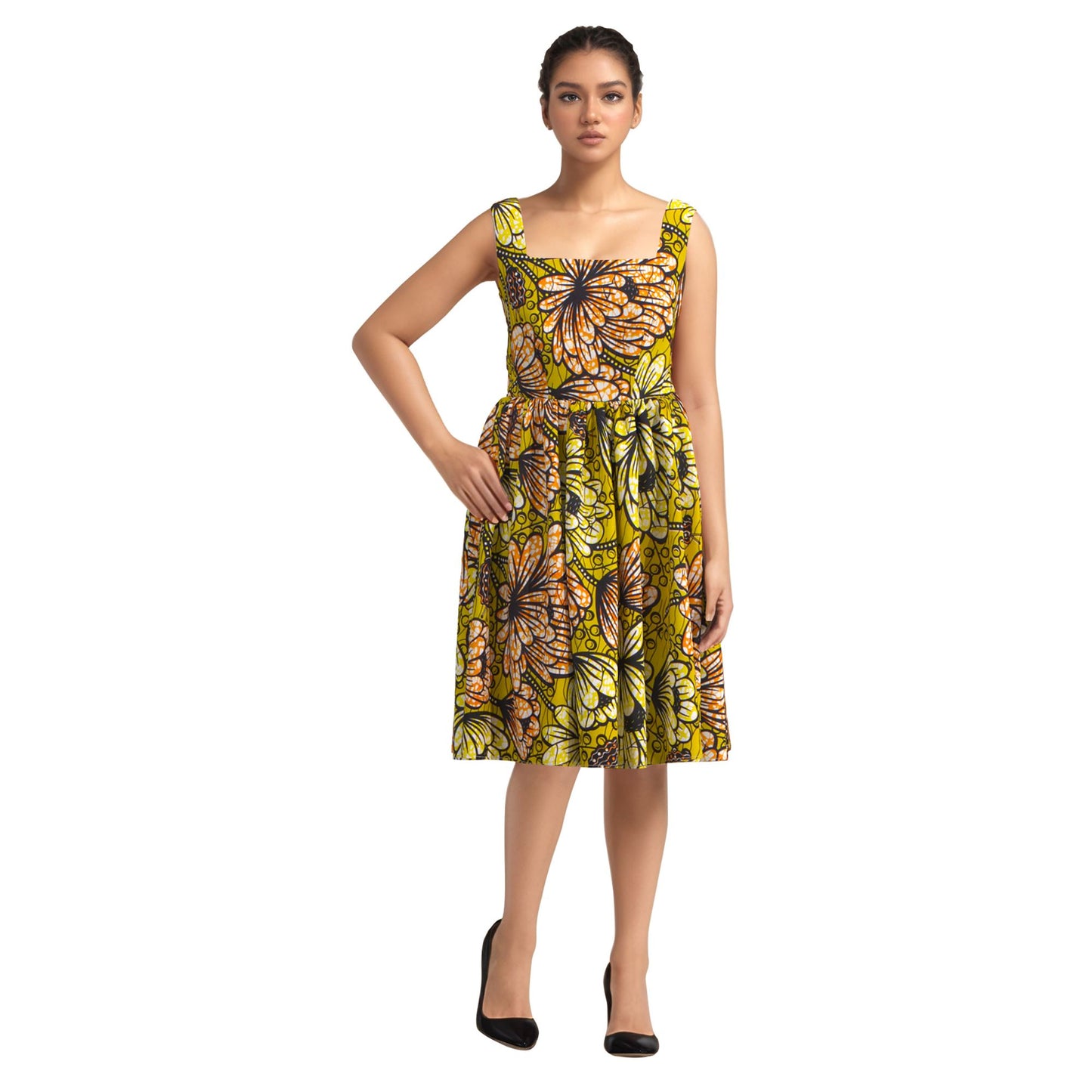 African Print Square Neck Sleeveless A-Line Midi Dress