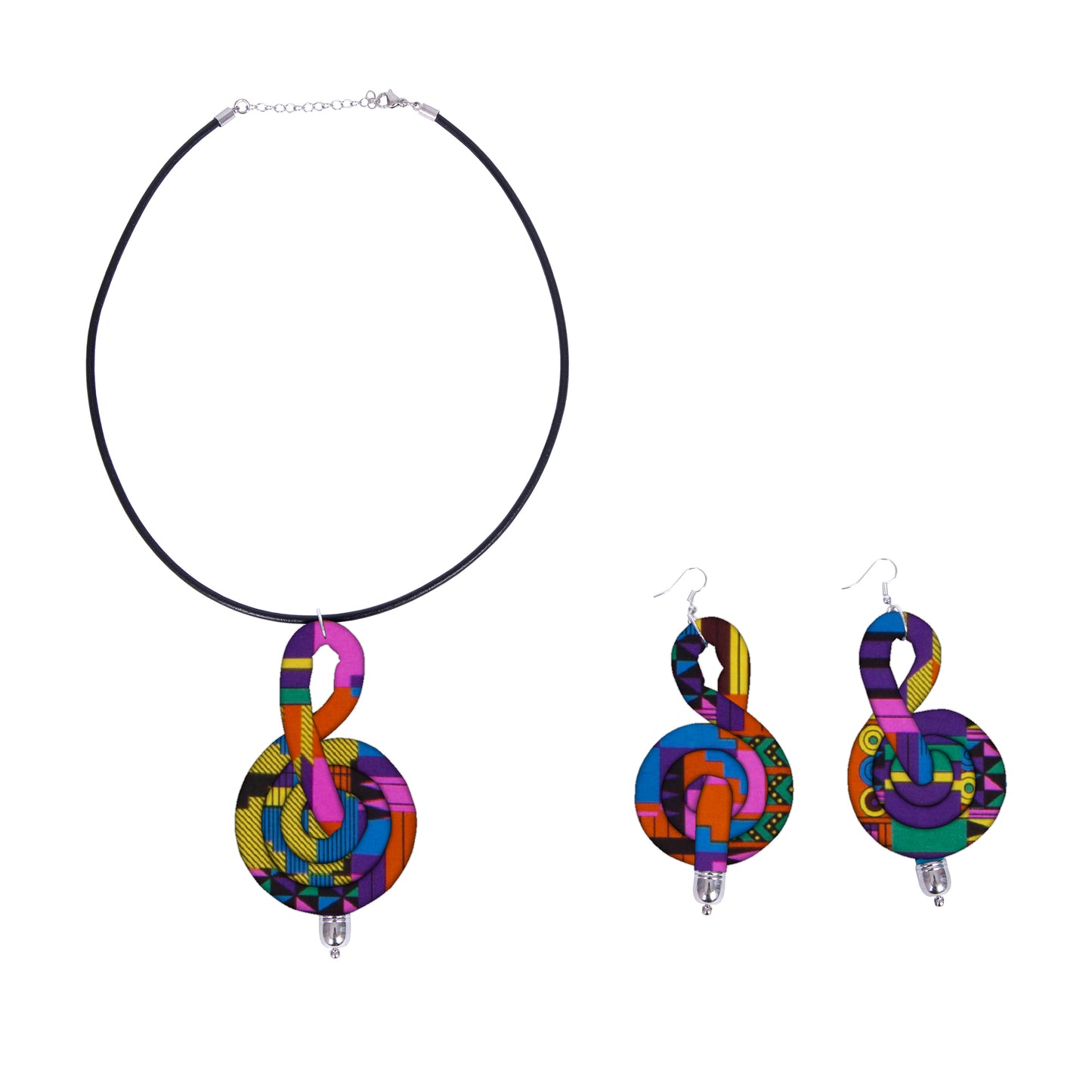 Ladies Kente Geometric Fabric Treble Clef Jewelry Set African Coordinated Neck & Ear Outfit Accessories