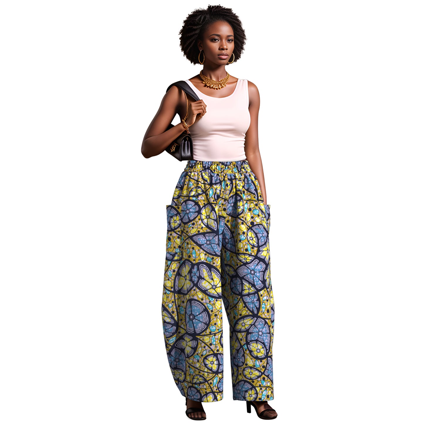 Artistic Abstract Circle Print High-Waist Balloon Pants – Vibrant Afrocentric Wide-Leg Trousers with Pockets