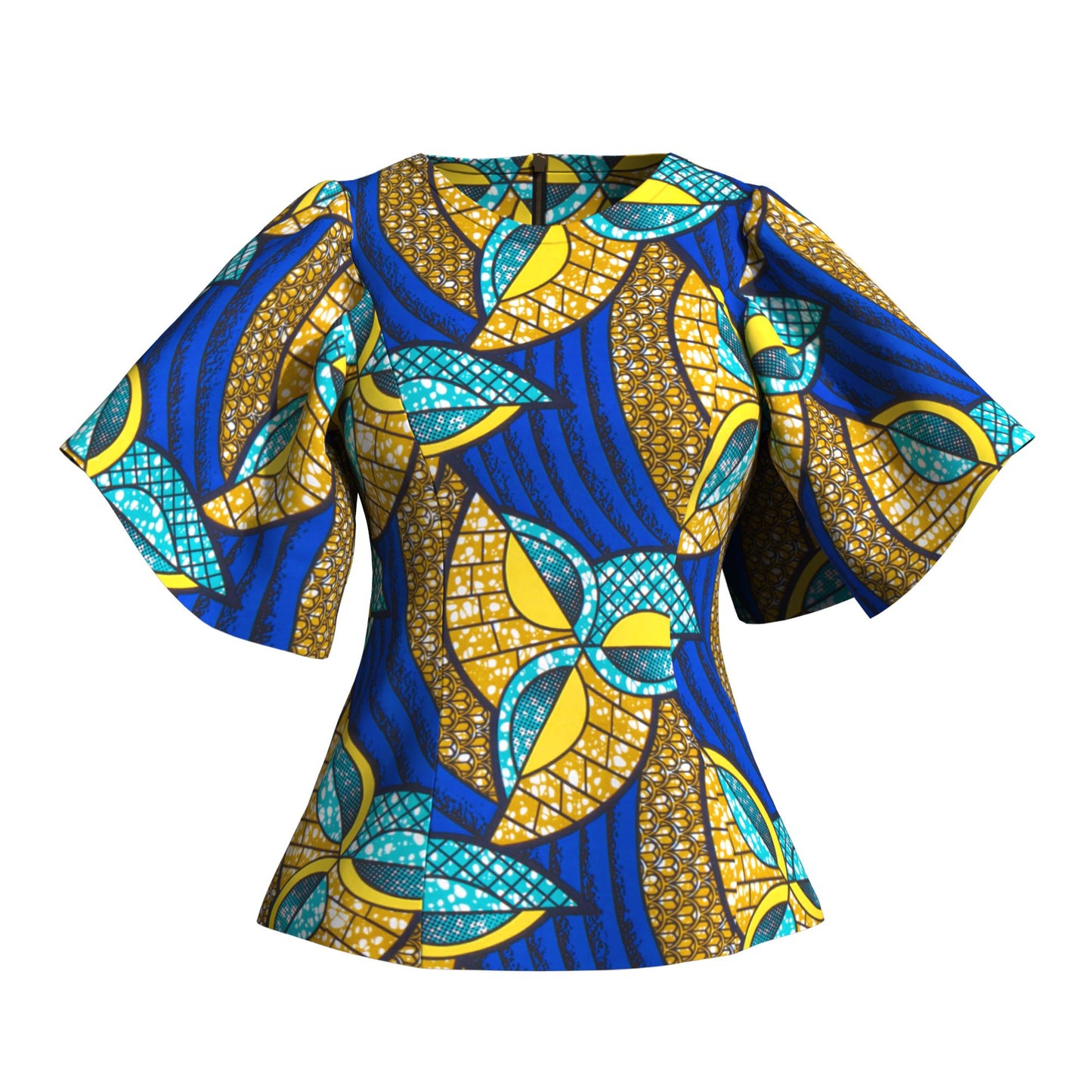 African Print Fitted Waist Flounce Sleeve Top