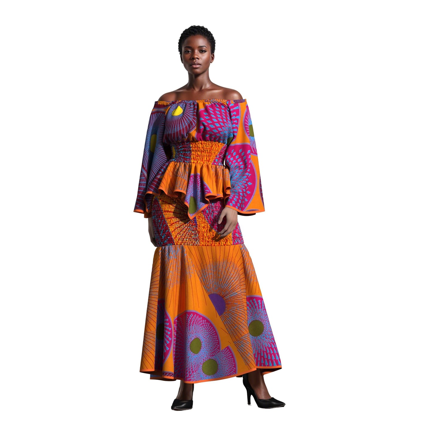 Fashion African Women Dashiki Print Off Shoulder Flare Sleeve Two Piece Set Full Smocked Stretch Casual Party Outfit