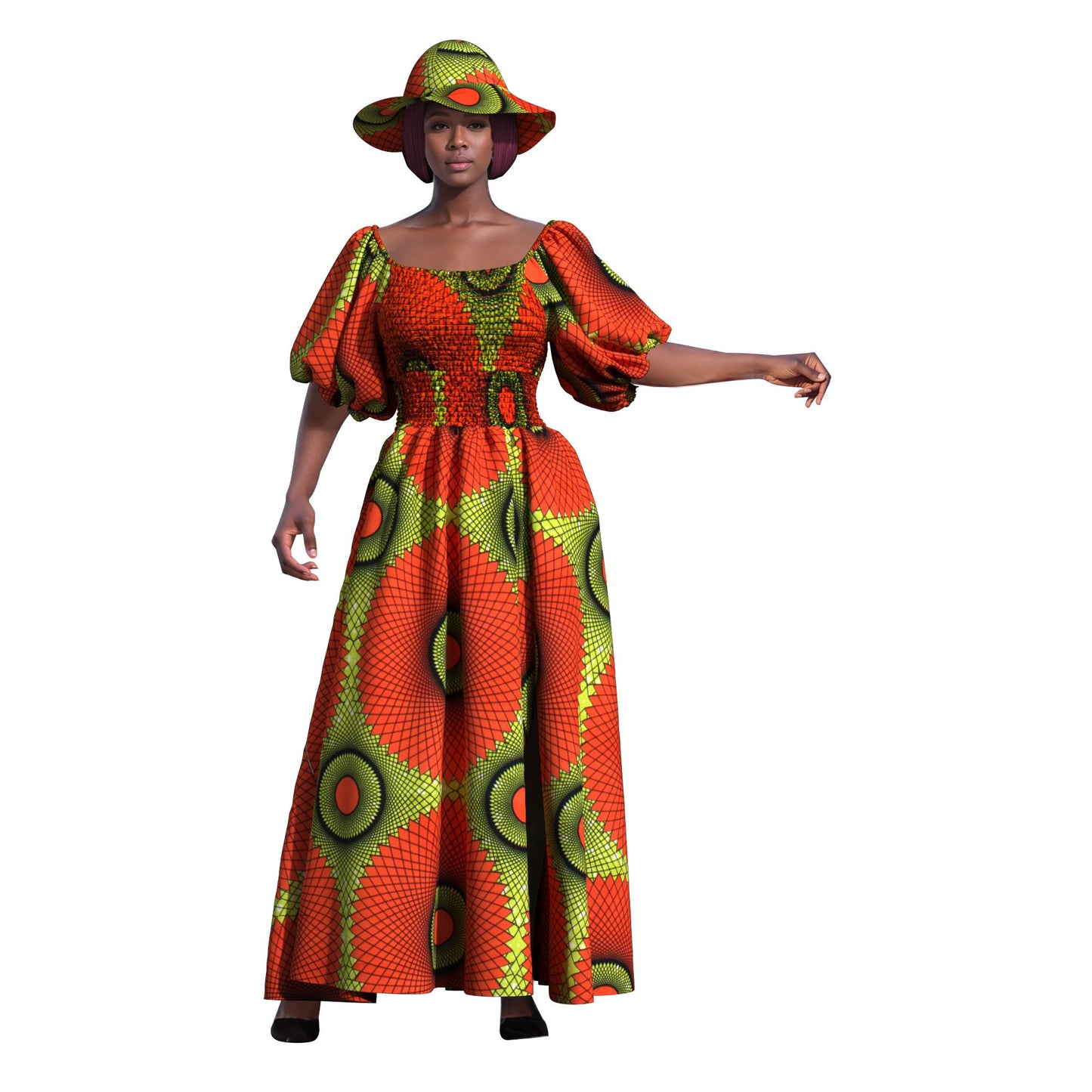 Elegant Cultural Print Maxi Dress with Puff Sleeves & Wide Brim Hat
