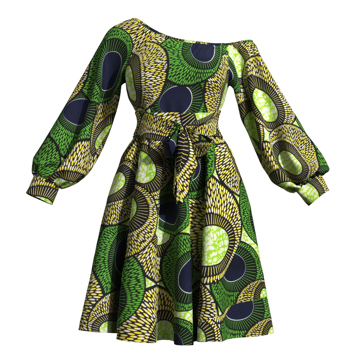 Classic African Wax Print Asymmetrical Dress, Paired with Same-Print Belt