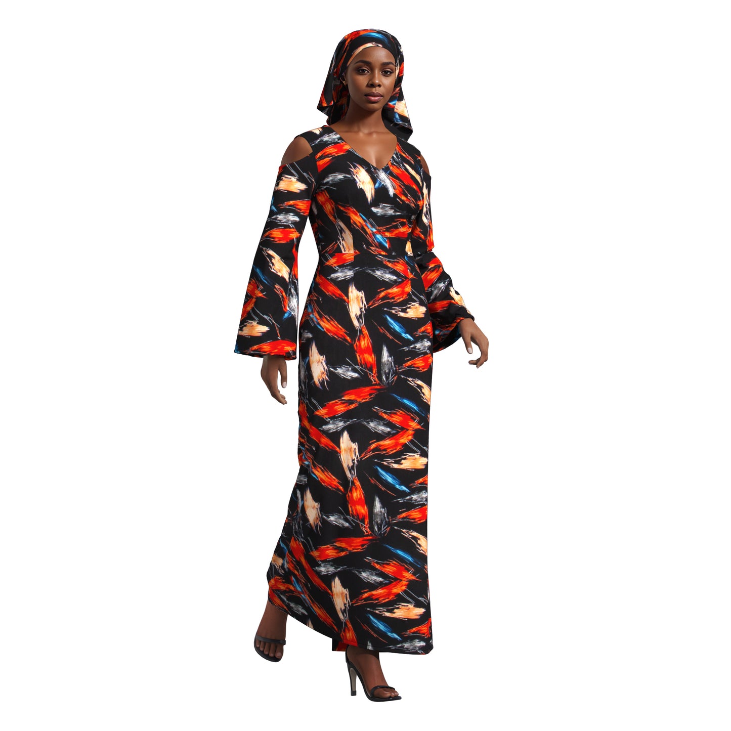 African Print High Waist Pleated Cold Shoulder Party Dress