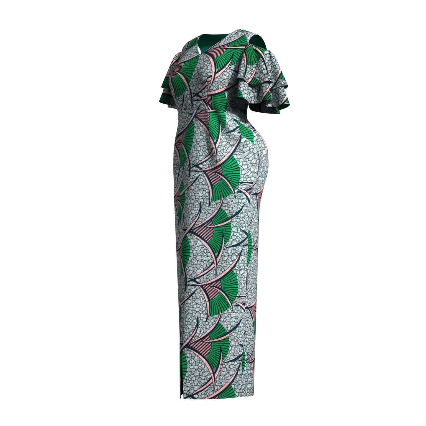 African Print Cold Shoulder Maxi Dress with Ruffle Sleeves