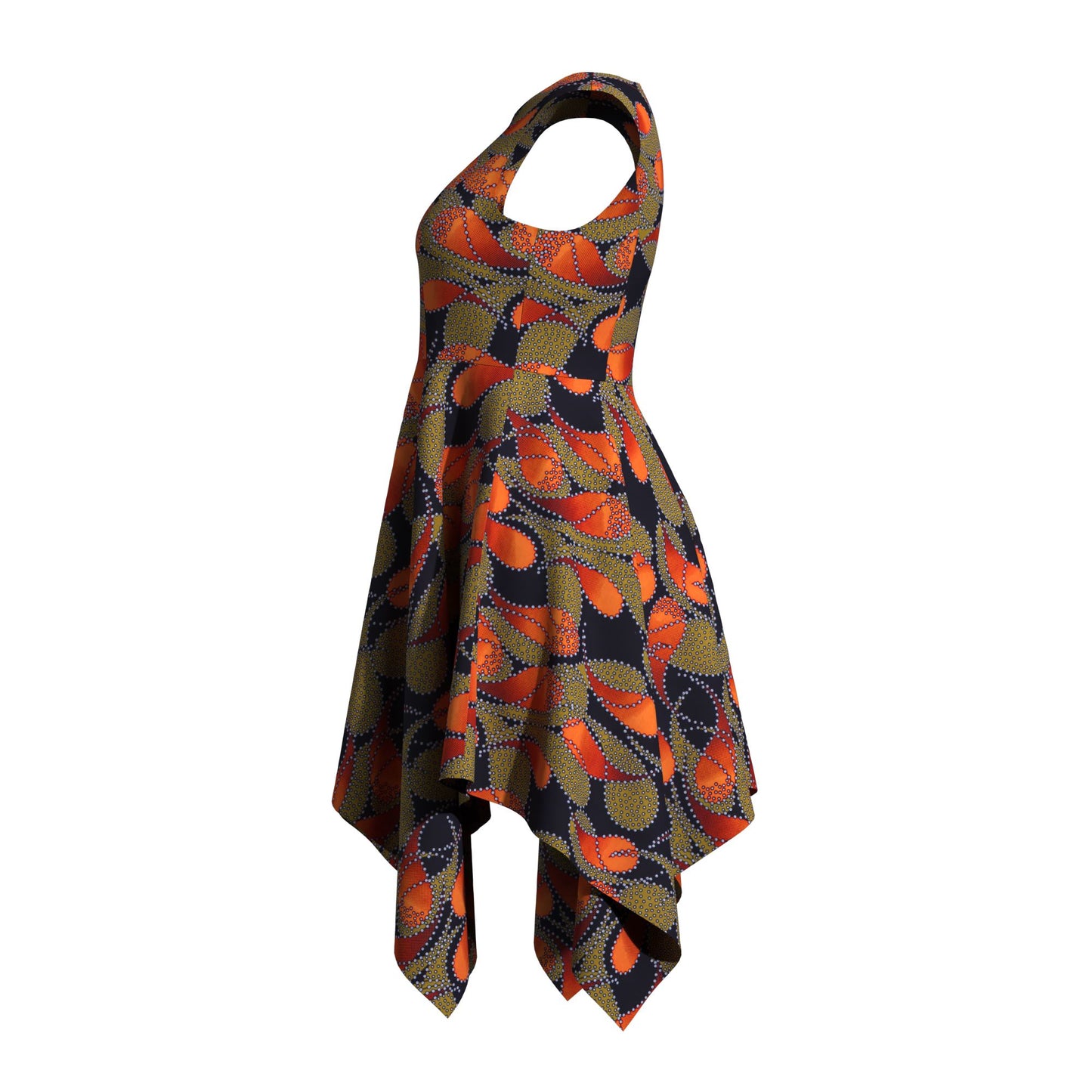 Sleeveless African Print Fit-and-Flare Dress with Asymmetrical Hem