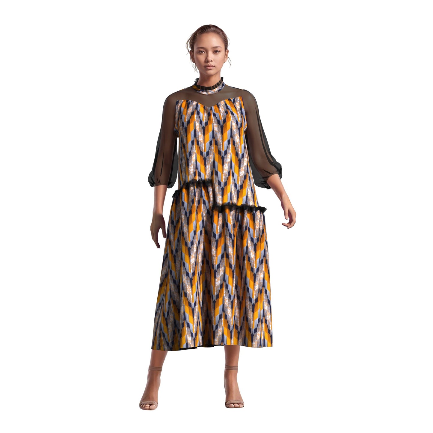 African Fabric Sheer Mesh Ruffle Collar Tiered Swing Midi Dress