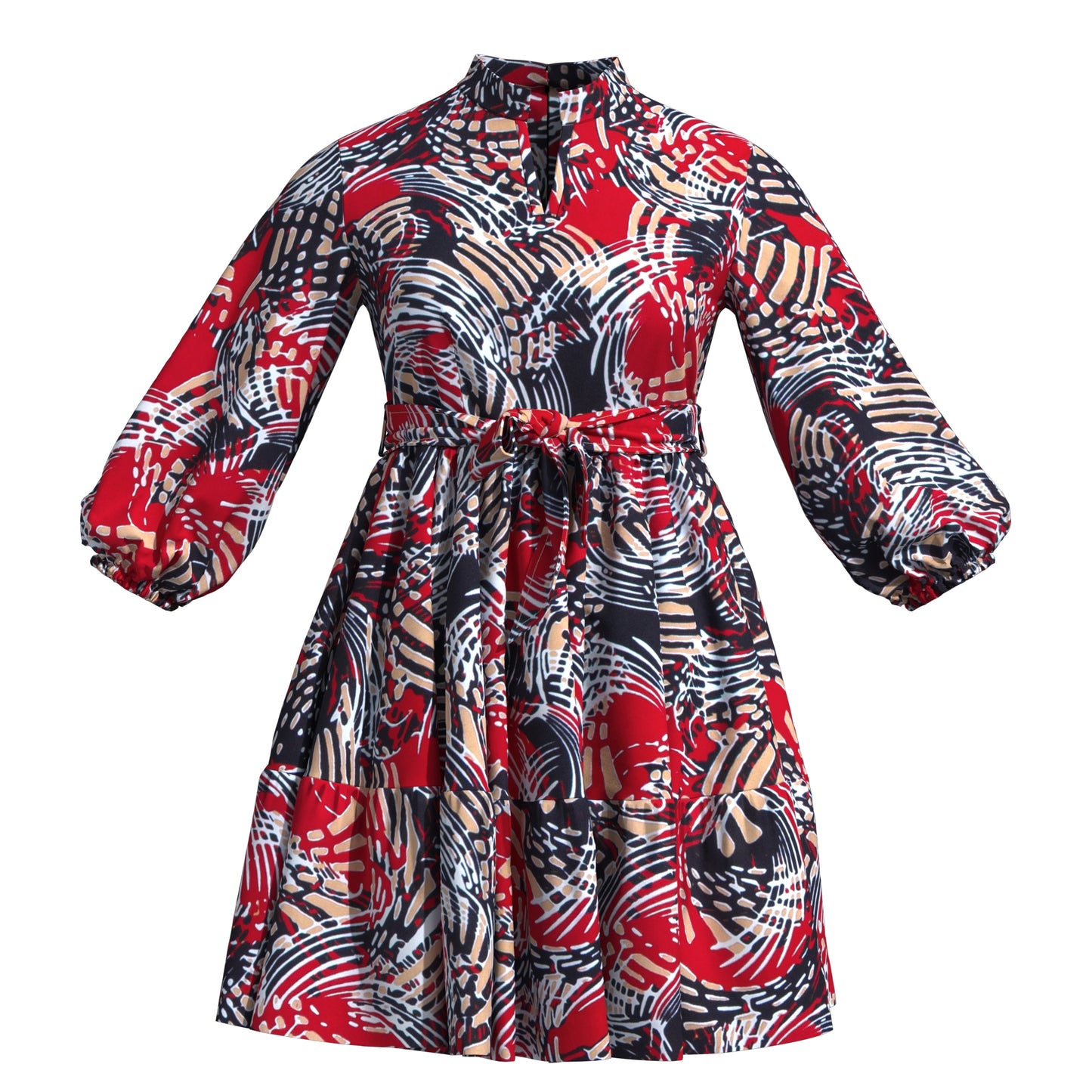 African Print Versatile Belted Stand Collar Casual Dress