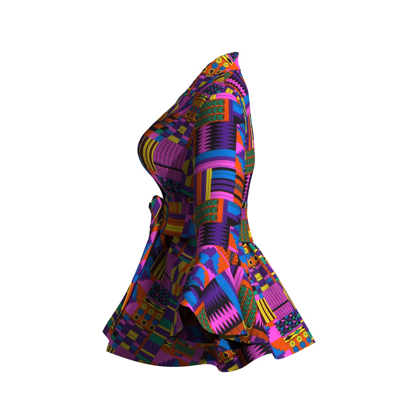 Ladies Vibrant Ethnic Geometric Print Stand Collar Bell Sleeve Peplum Top With Coordinating Waist Tie