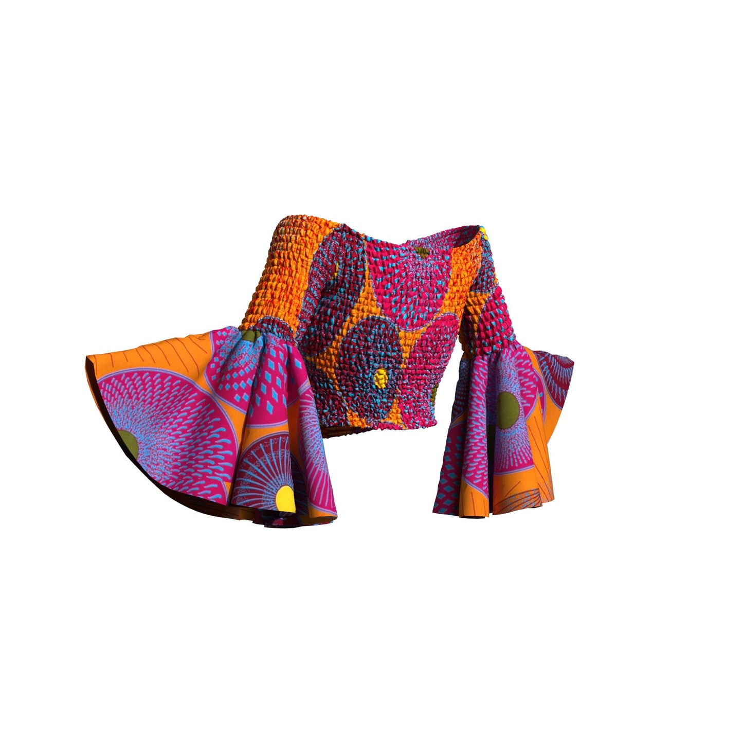Artisanal Ankara Wax Print Smocked Flare Sleeve Blouse, Multiple Prints