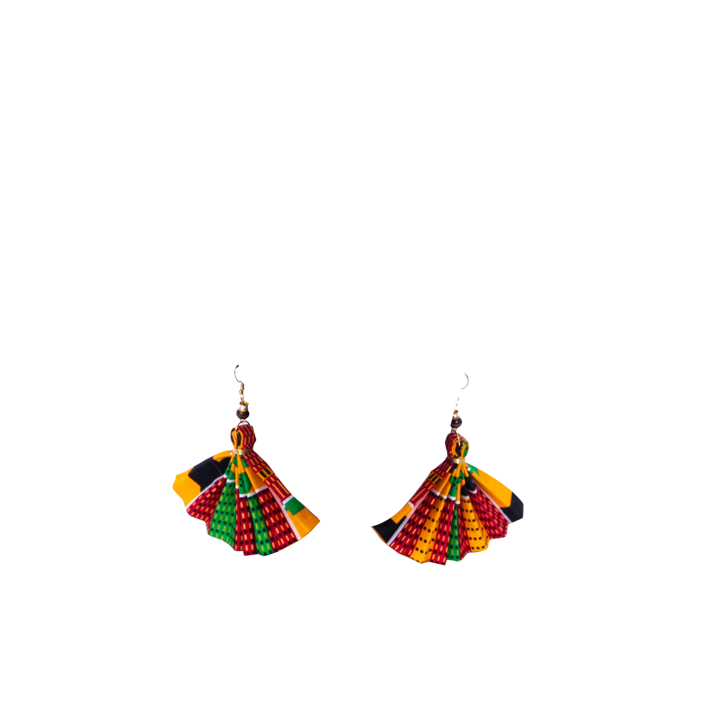 Handmade Fan Earrings with African Wax Print – Wire-Wrapped Cultural Dangle Earrings