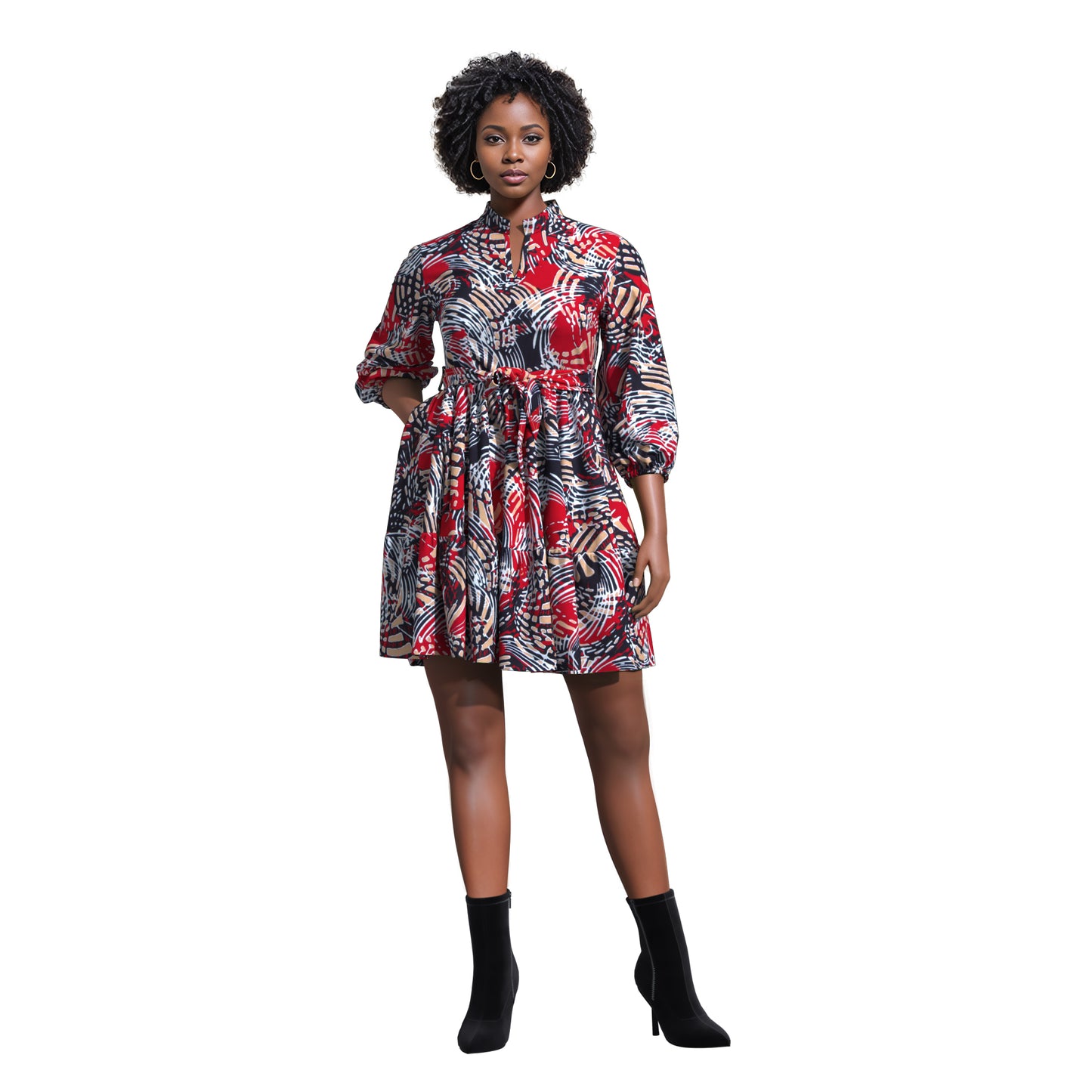 African Print Versatile Belted Stand Collar Casual Dress