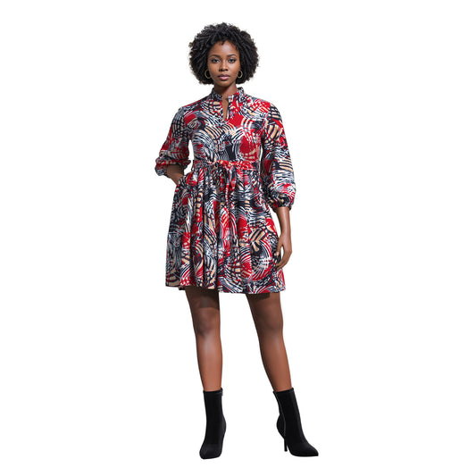 African Print Versatile Belted Stand Collar Casual Dress