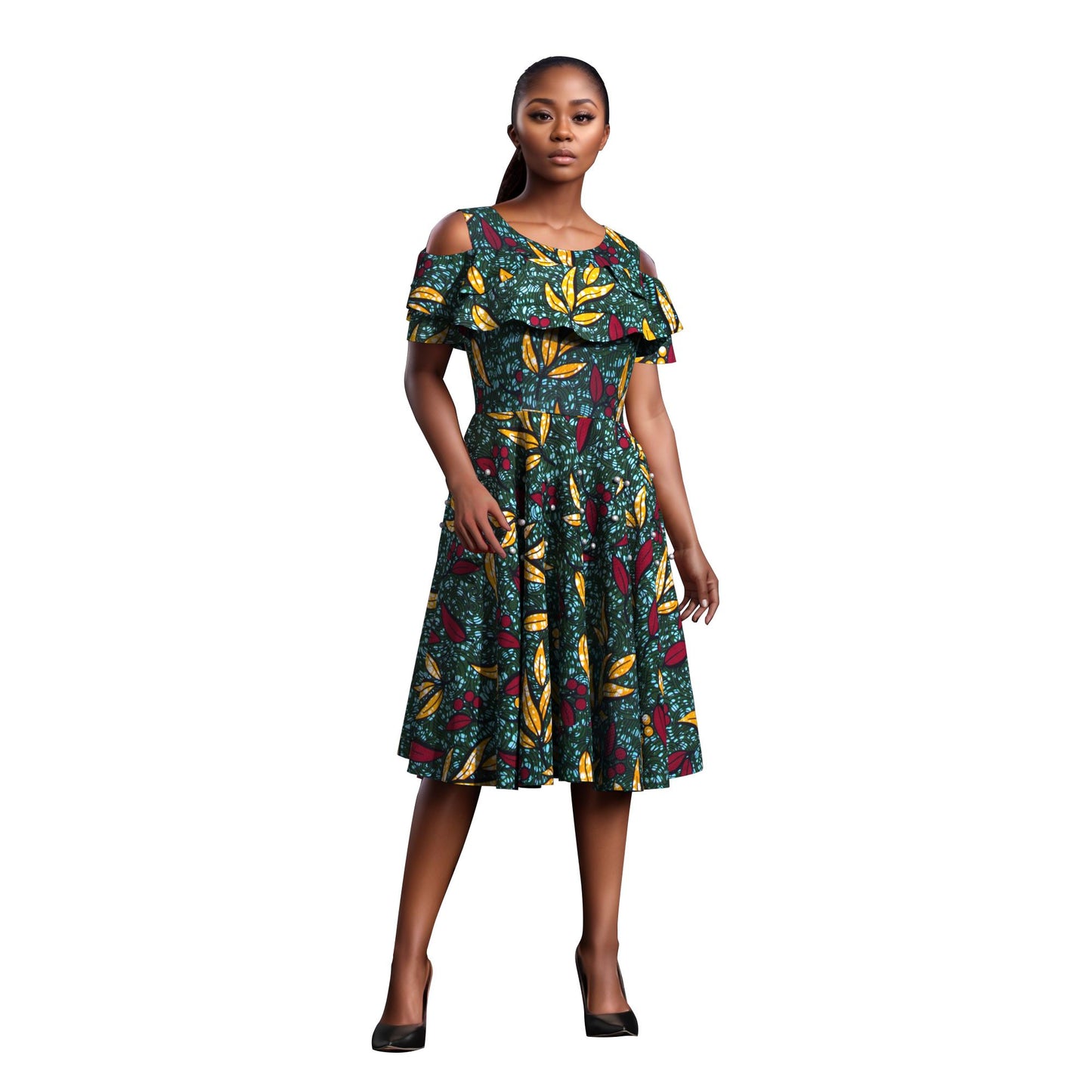 Traditional African Wax Print Cold-Shoulder Fit-and-Flare Dress