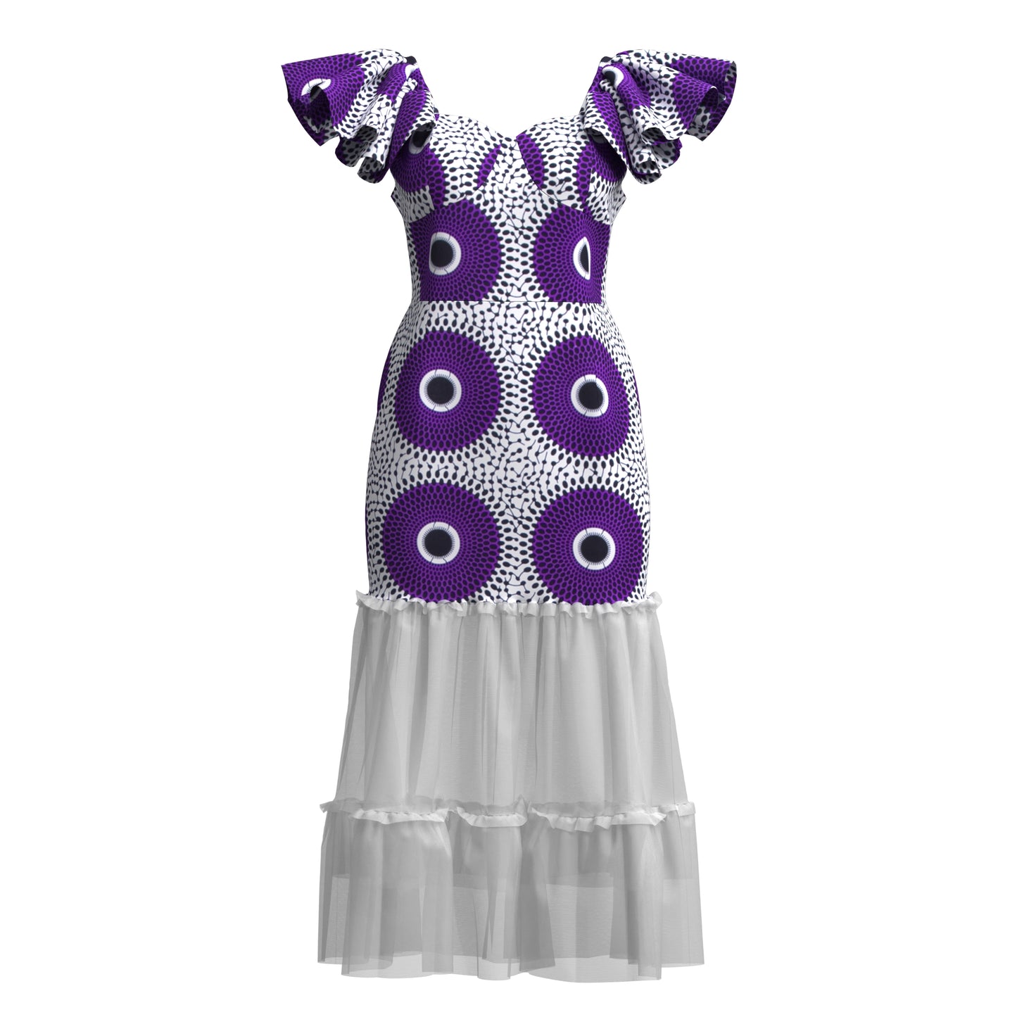 African Ankara Print Ruffle Sleeve Mermaid Dress with Sheer Mesh Hem