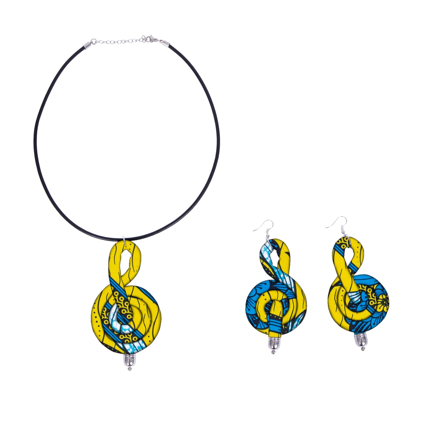 Ladies Kente Geometric Fabric Treble Clef Jewelry Set African Coordinated Neck & Ear Outfit Accessories