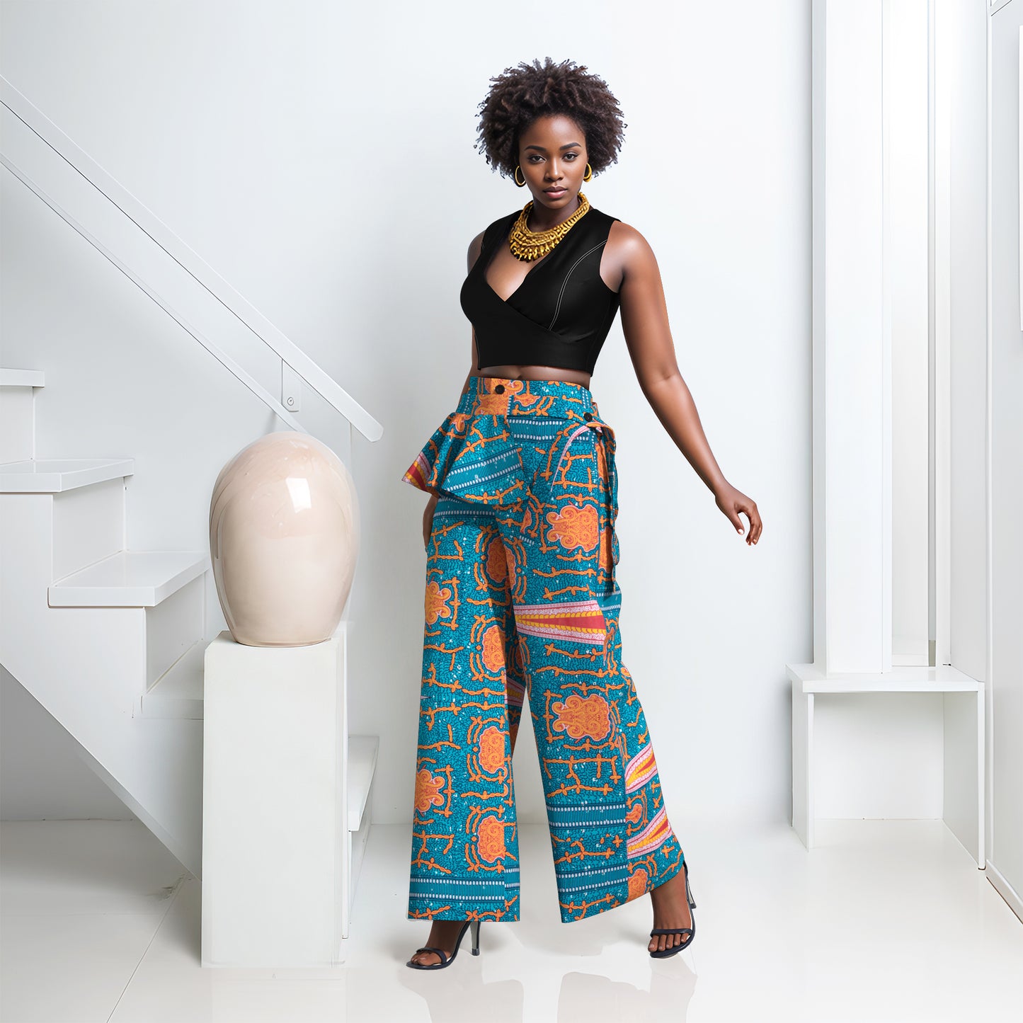 African Print Wide-Leg Pants with Detachable Ruffle
