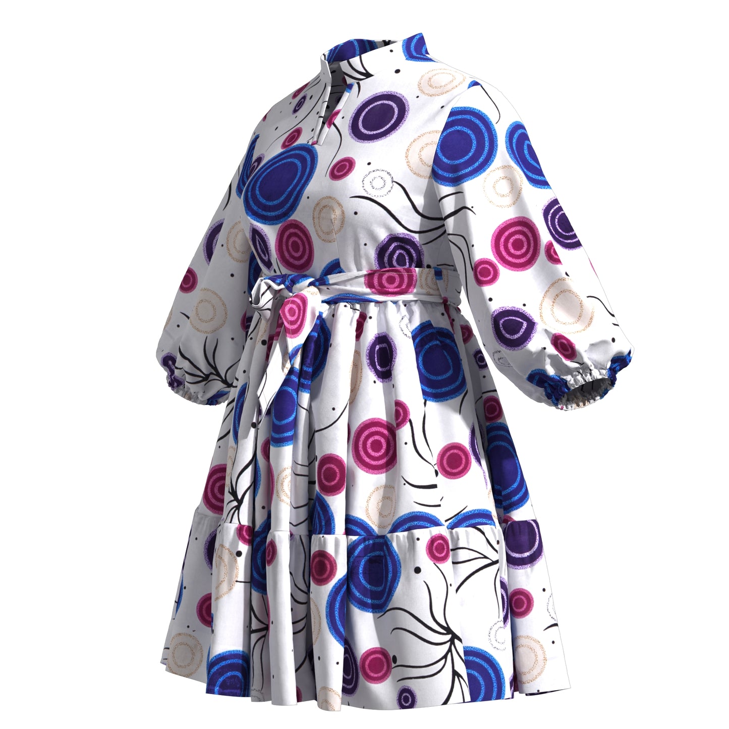 African Print Versatile Belted Stand Collar Casual Dress