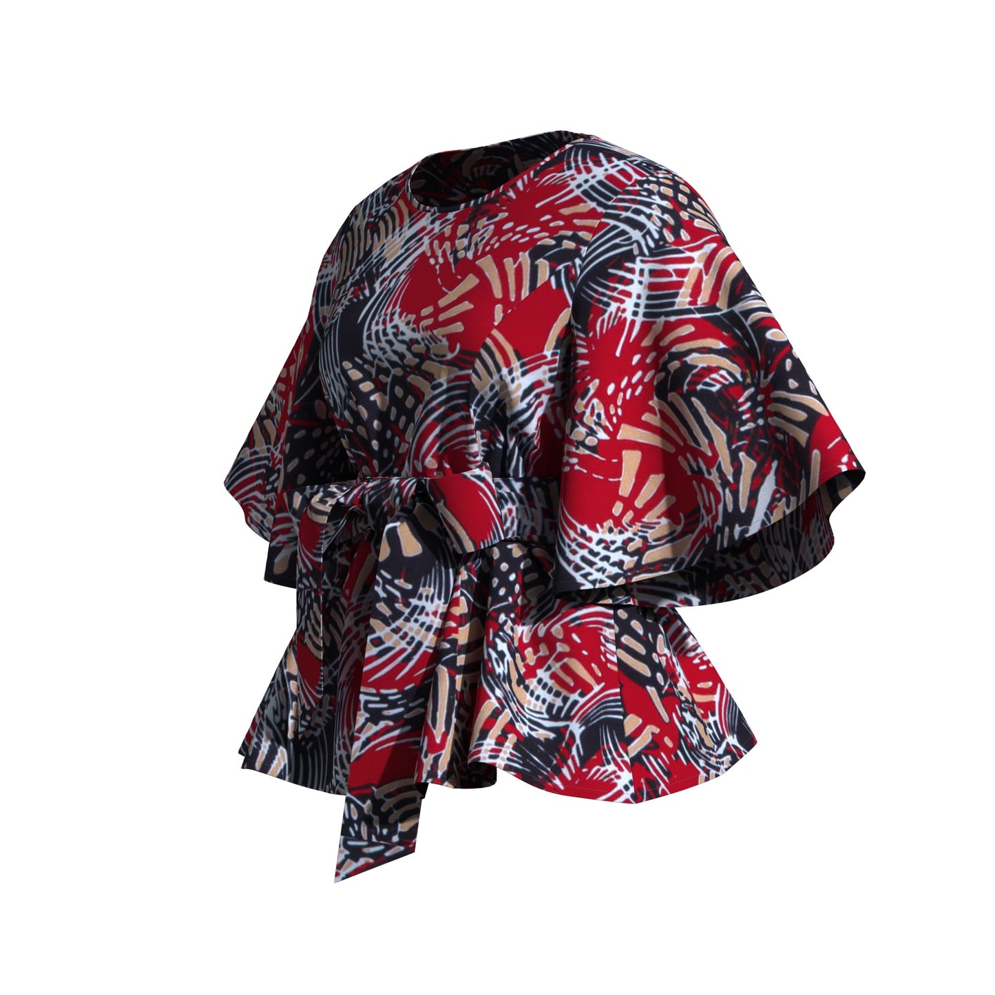 African Print Flare Sleeve Peplum Blouse with Waist Sash