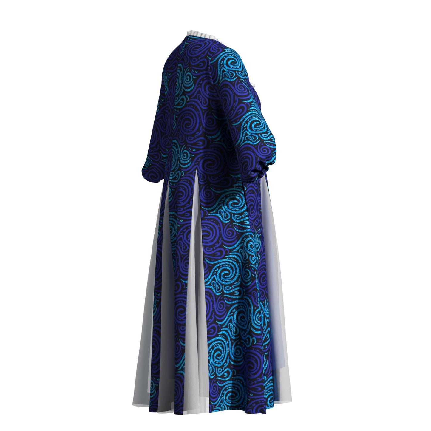 Women Bold Tribal Floral Print V Neck Puff Midi Dress Sheer Panel Split Layer Church Party Outfit