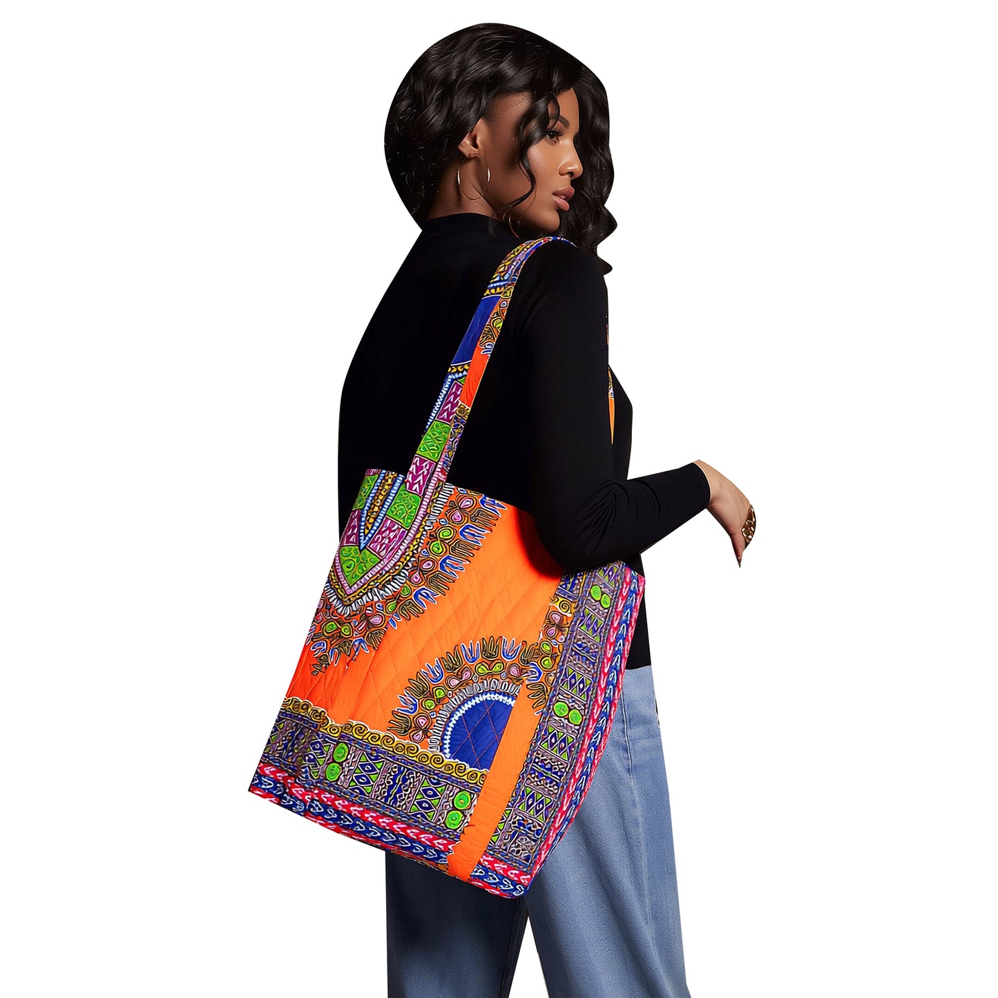 Colorful Traditional African Fabric Large Tote Bag Sturdy Shoulder Strap Weekend Travel Handbag Fashion Accessories