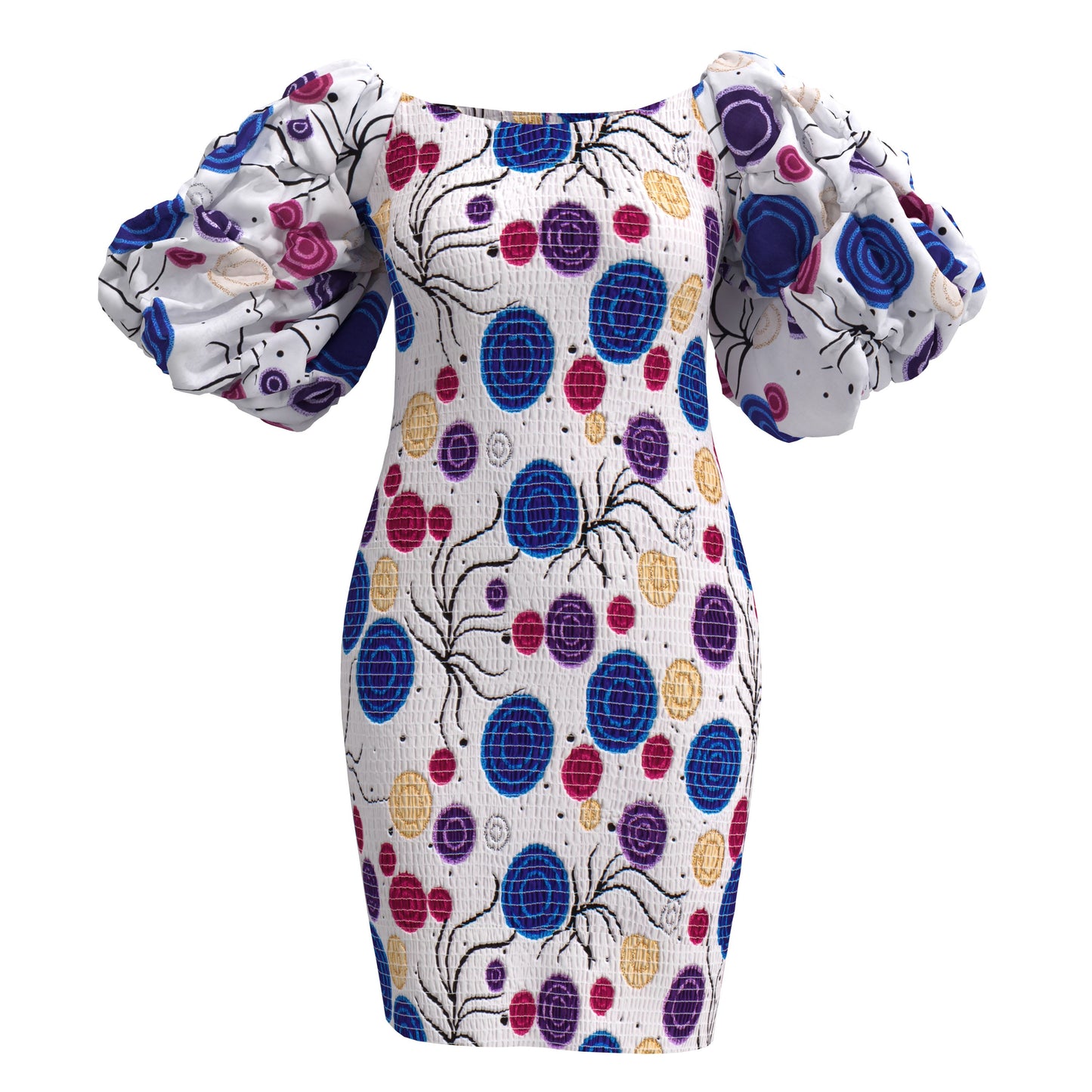 African Print Smocked Bodycon Dress with Puff Sleeves – Ankara Mini Dress