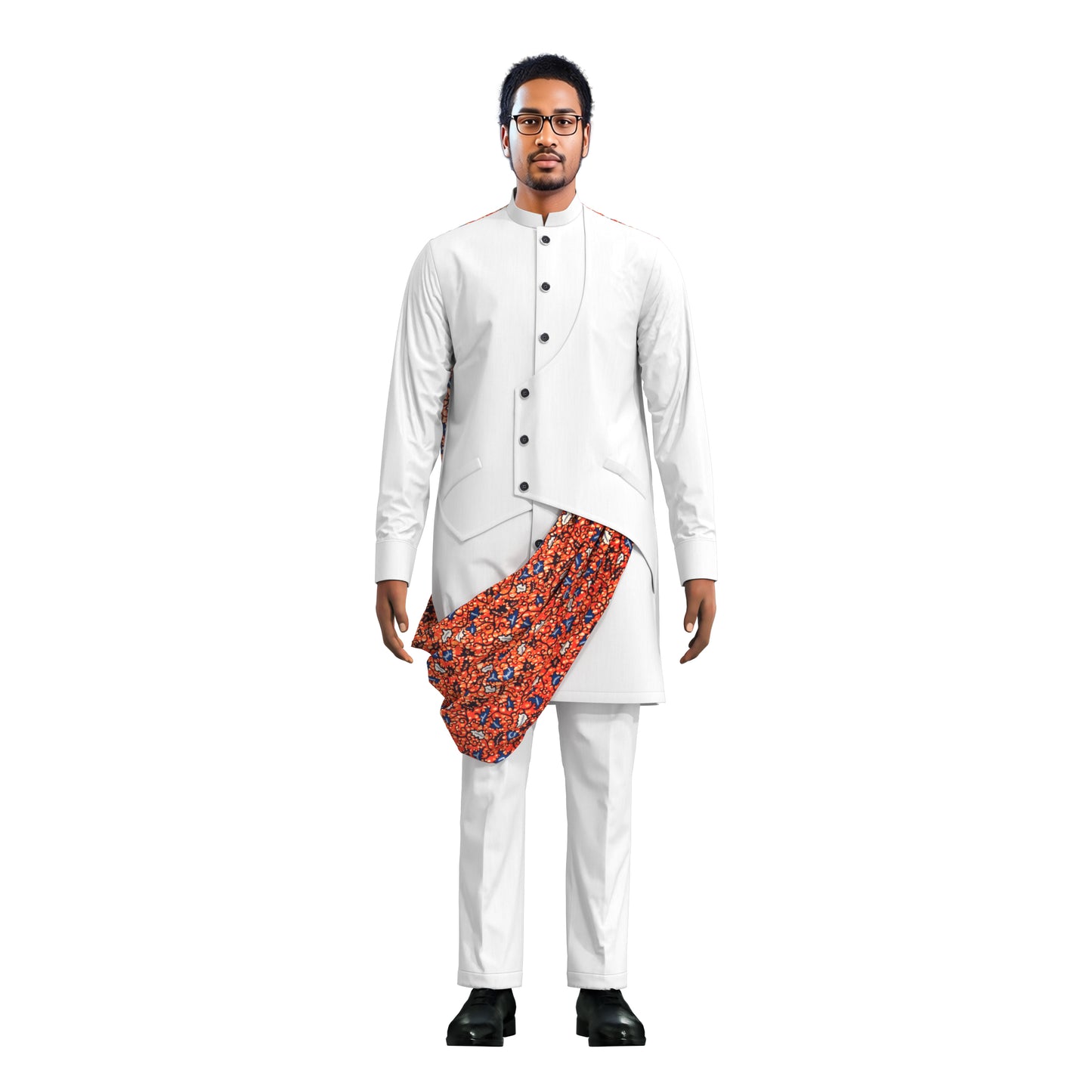 Stylish Men Matching Trousers Outfit, Suit Fabric Top with African Printed Drape Detail