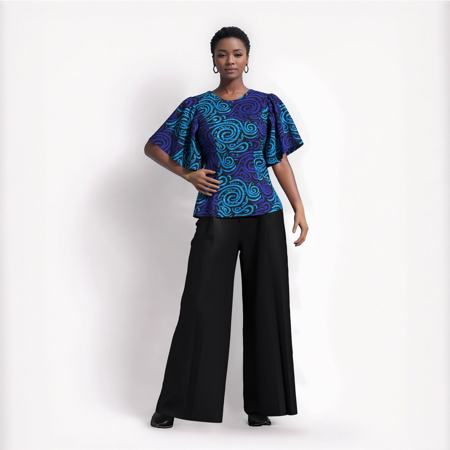 African Print Fitted Waist Flounce Sleeve Top