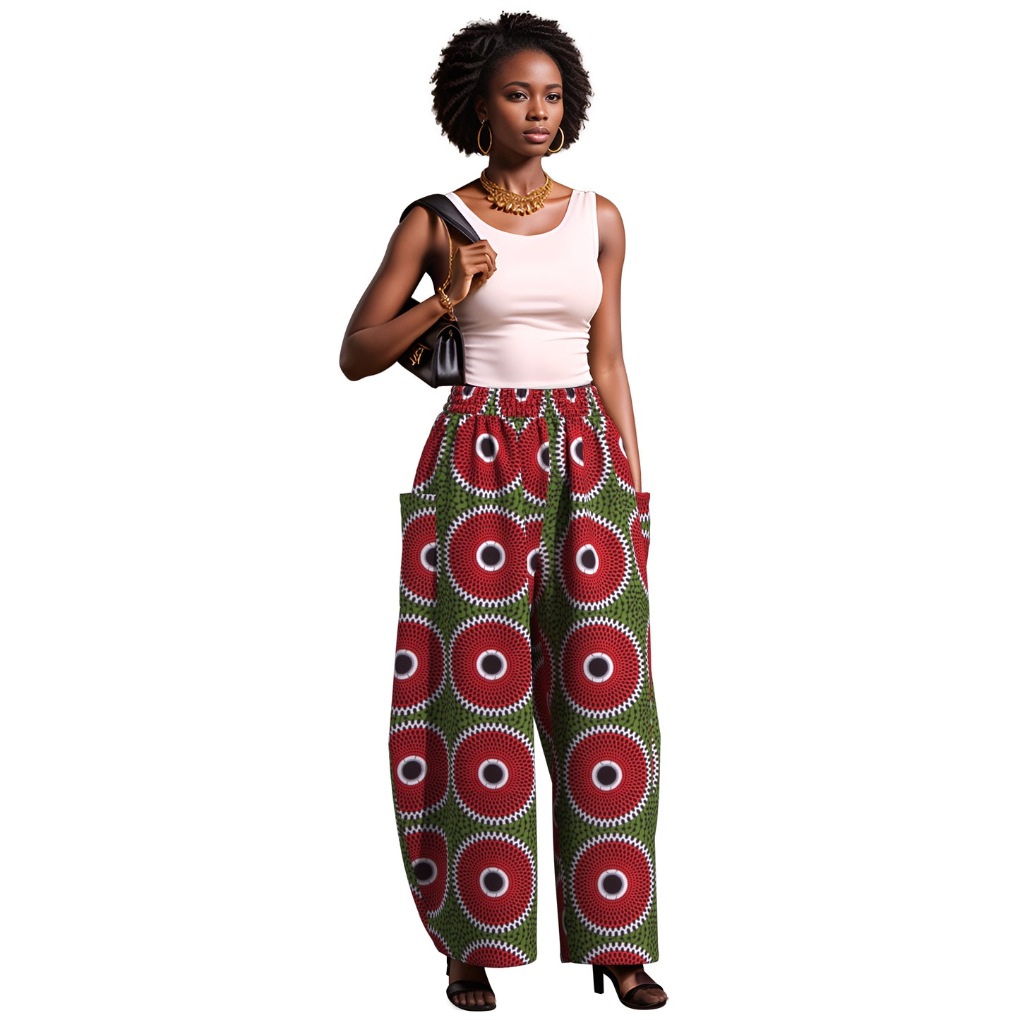 Artistic Abstract Circle Print High-Waist Balloon Pants – Vibrant Afrocentric Wide-Leg Trousers with Pockets