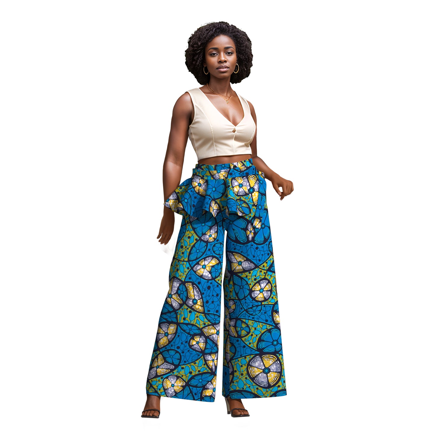 African Print Wide-Leg Pants with Detachable Ruffle