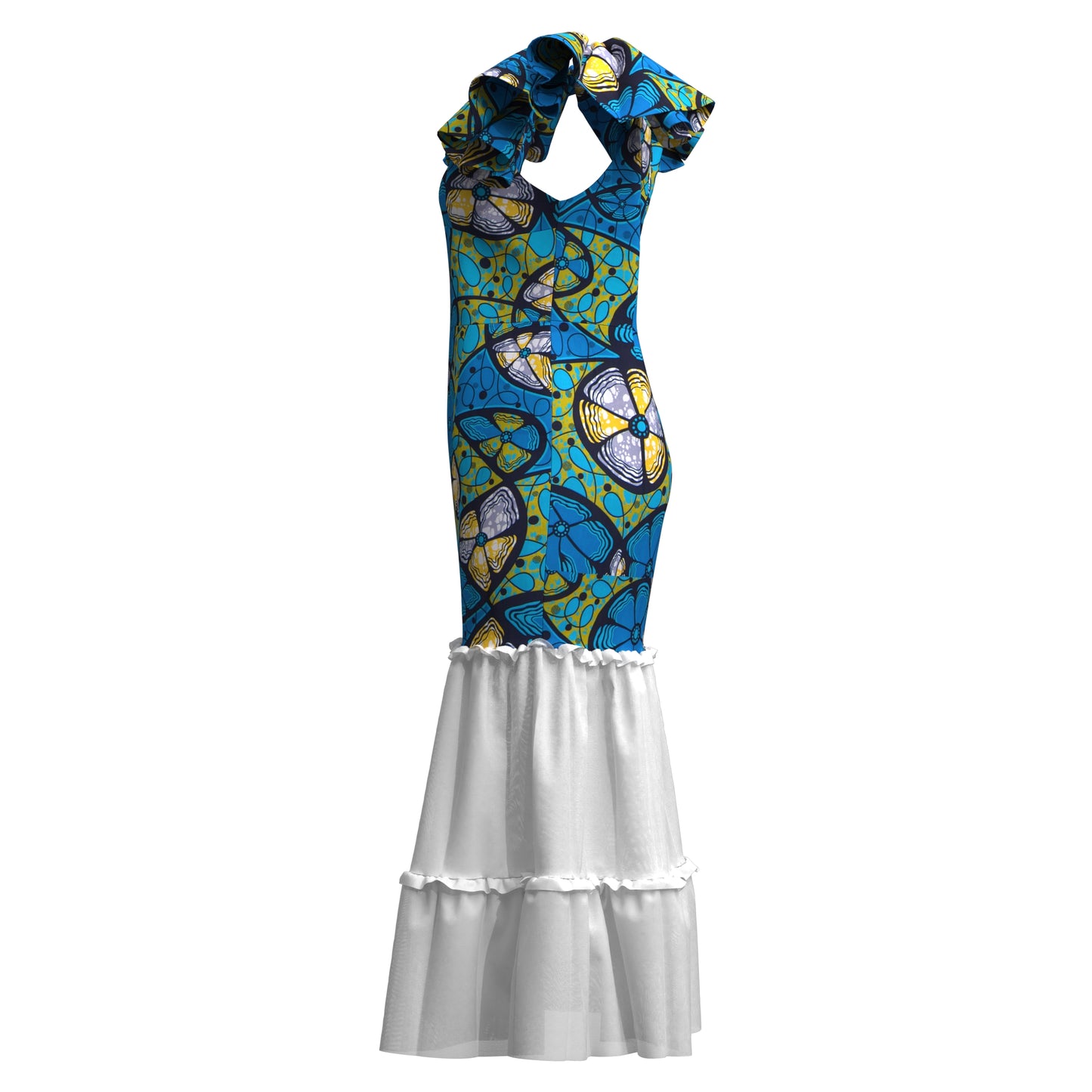 African Ankara Print Ruffle Sleeve Mermaid Dress with Sheer Mesh Hem